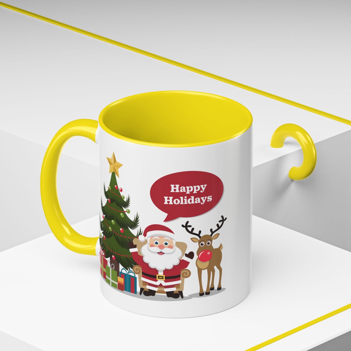 Christmas Mug - Happy Holidays Callout Santa Tree Presents Reindeer