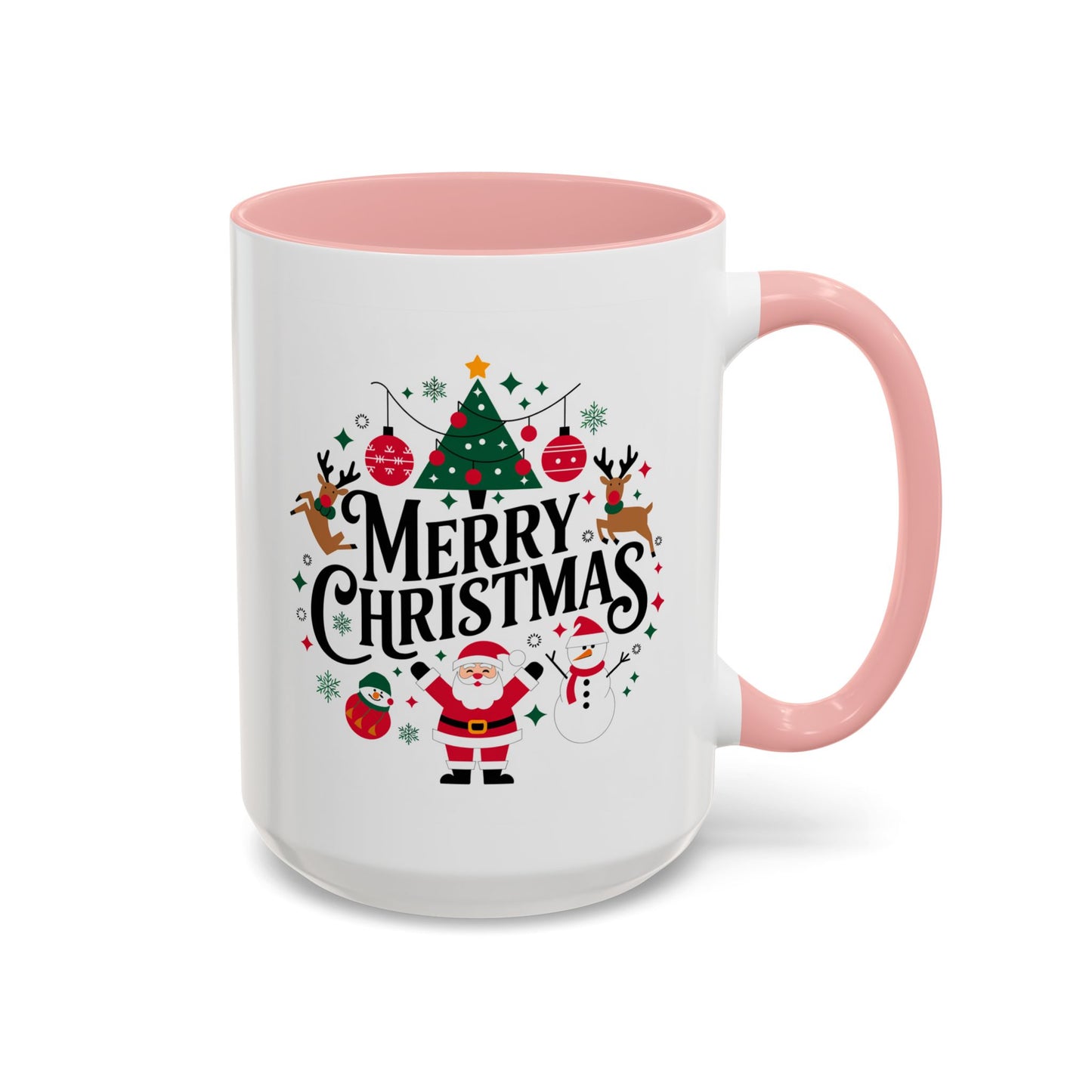 Christmas Mug - Merry Christmas Black Text Santa Reindeer Snowmen Ornaments