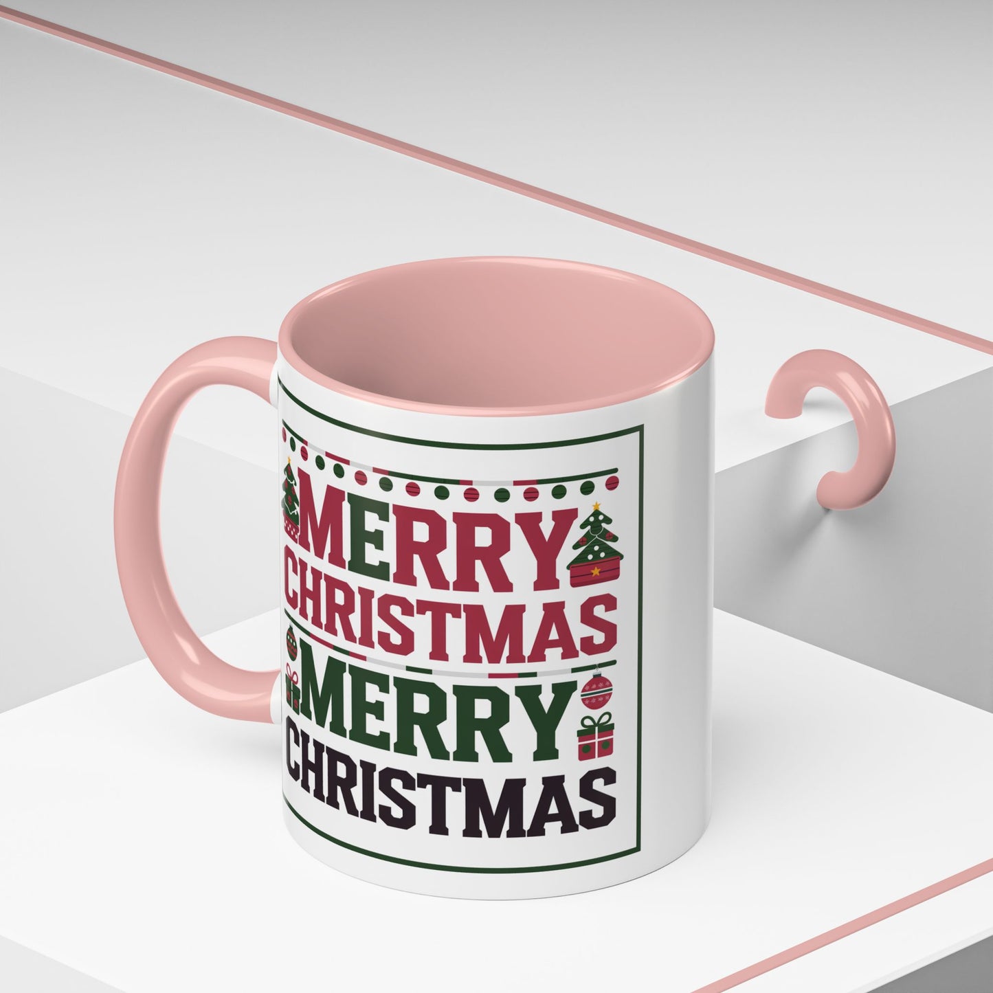 Christmas Mug - Merry Christmas Red Green & Black Text Trees Presents