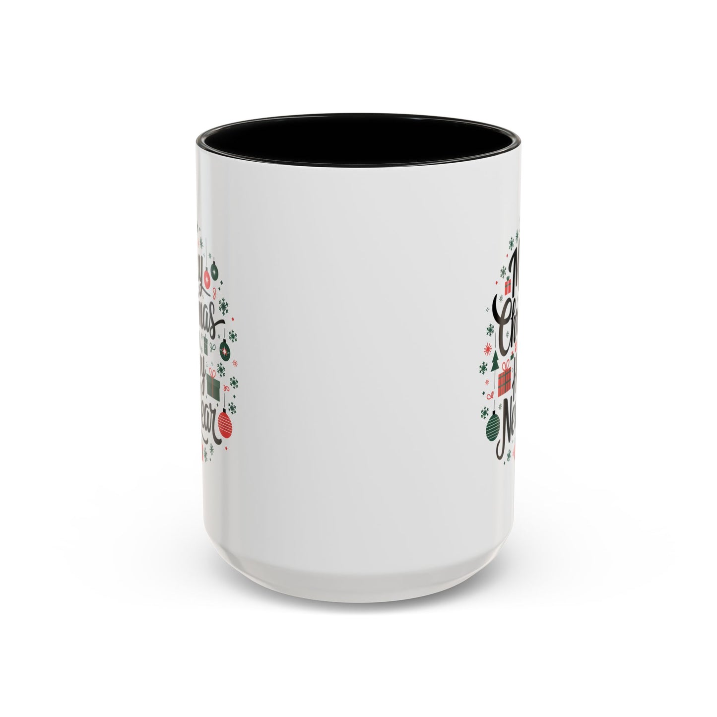 Christmas Mug - Merry Christmas and a Happy New Year Black Text Tree Ornaments Presents