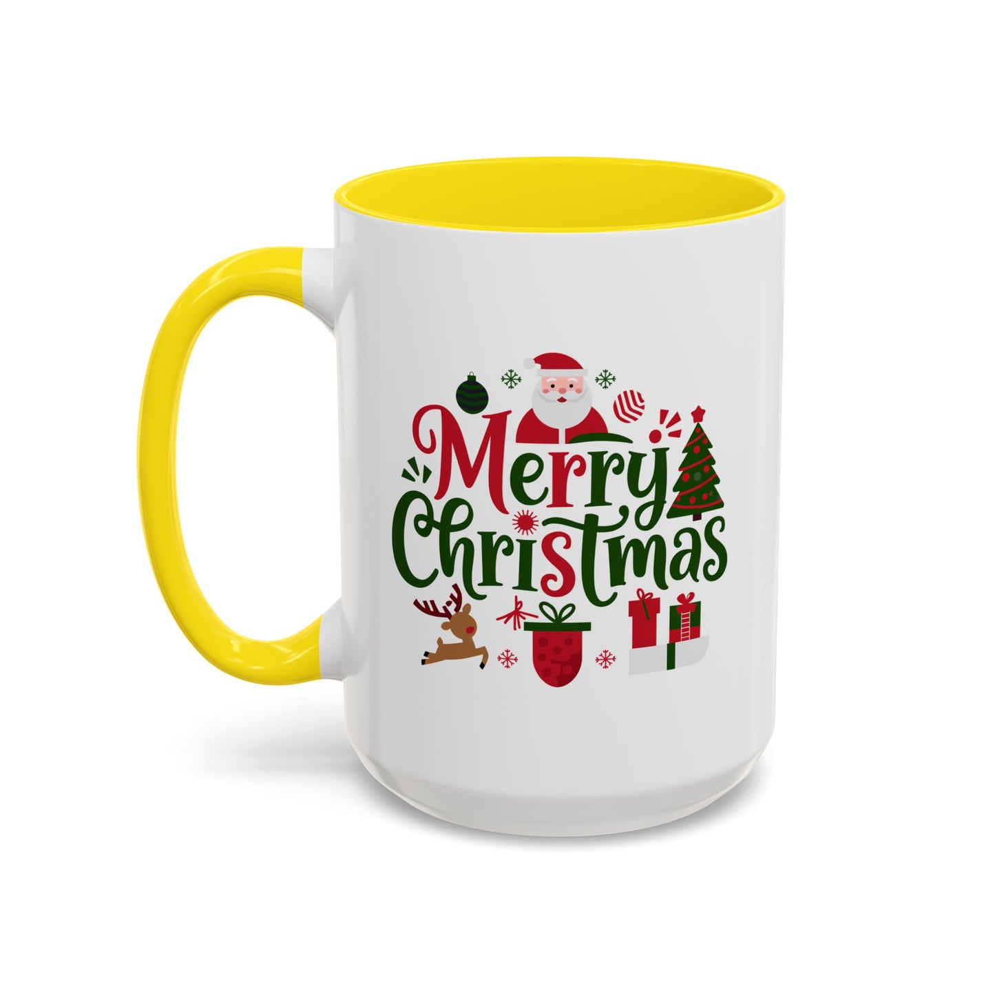 Christmas Mug - Merry Christmas Red & Green Text Santa Reindeer Tree Sleigh Ornaments