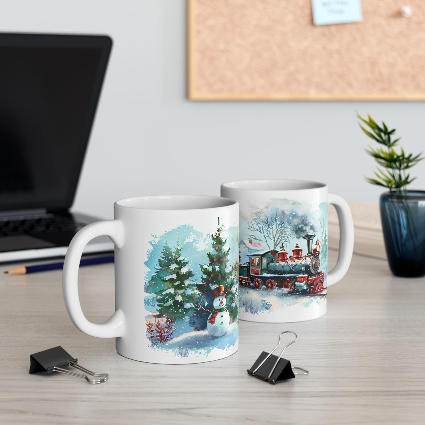 Christmas Mug - Snowman Trees Train