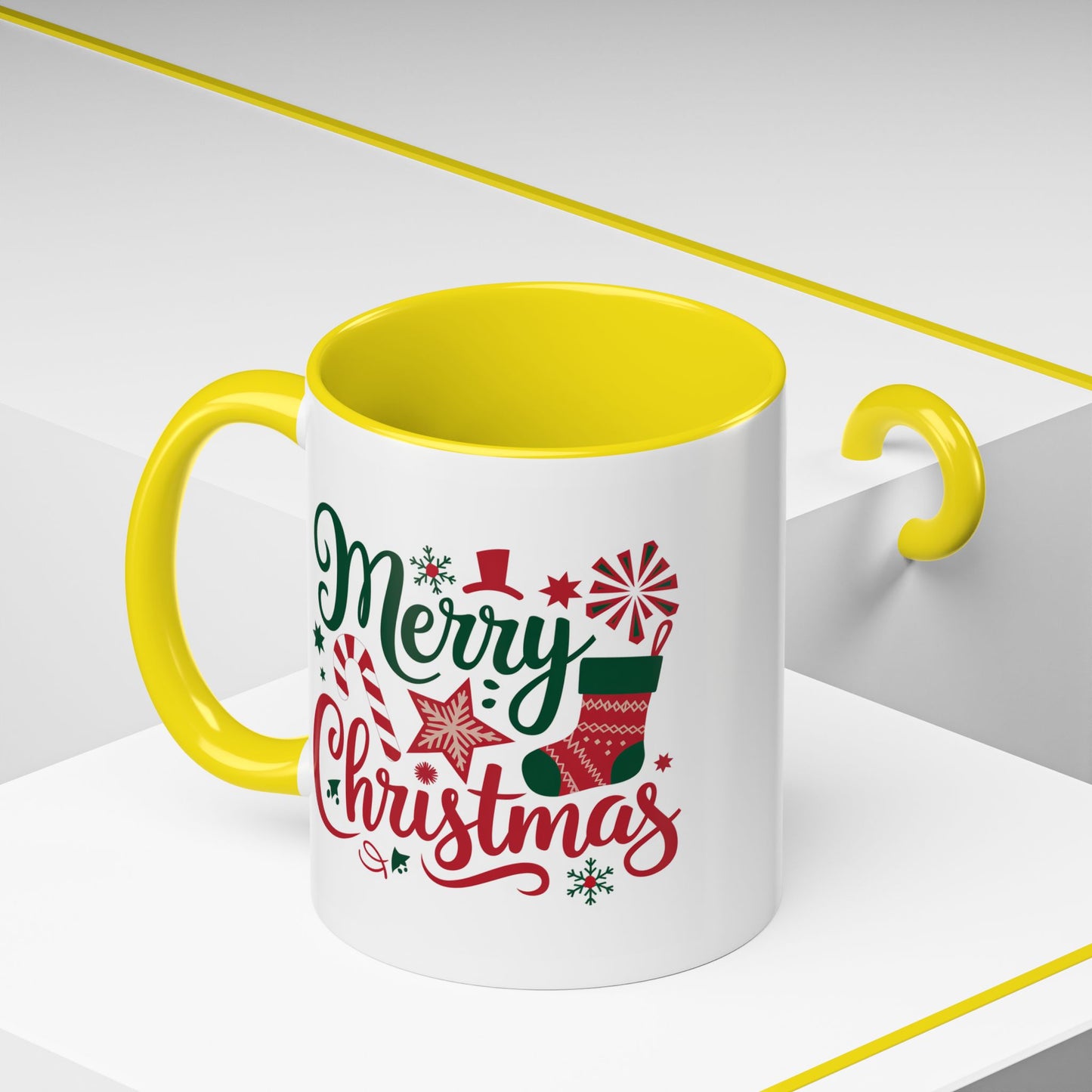 Christmas Mug - Merry Christmas Green & Red Text Star Candy Cane Stocking Snowflake