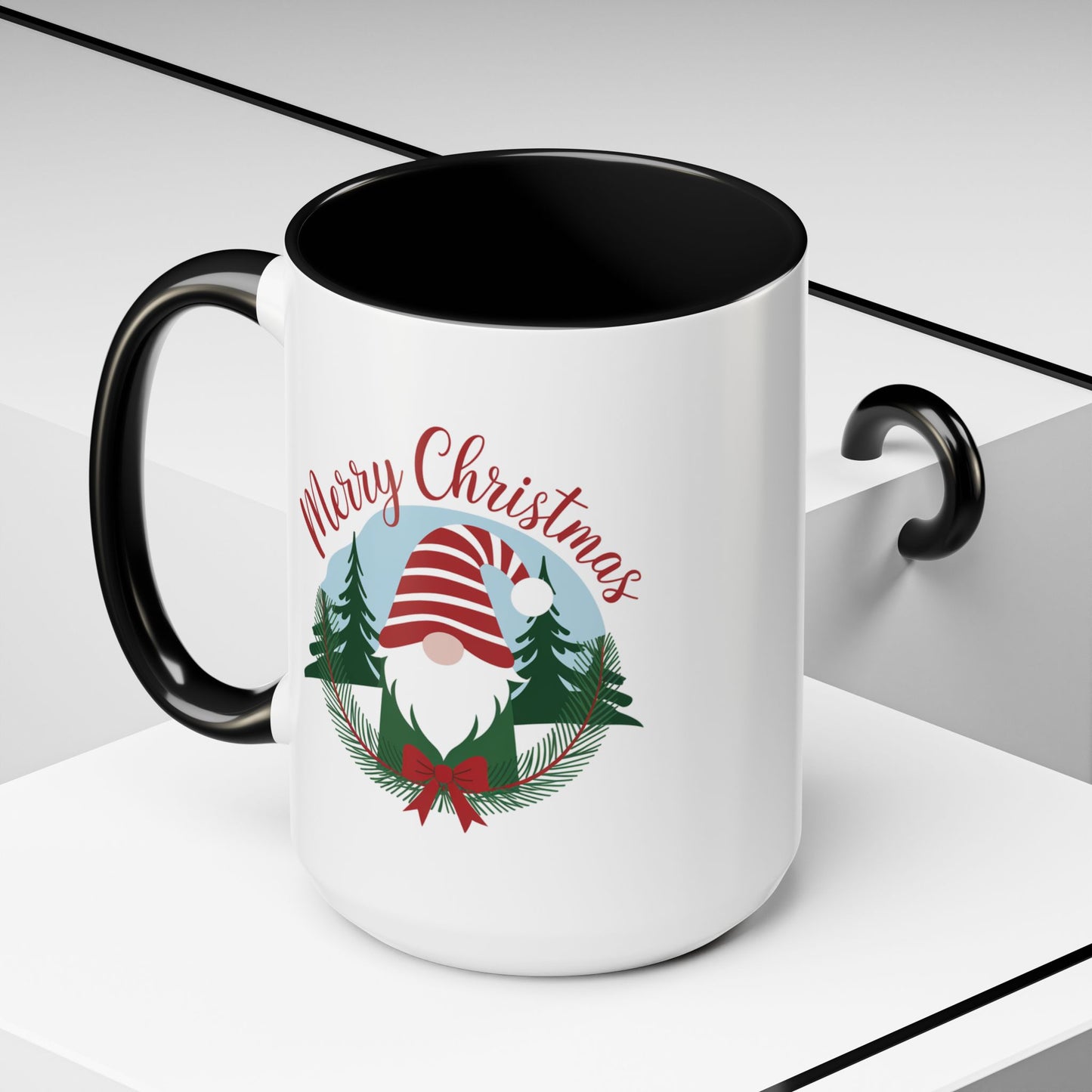 Christmas Mug - Merry Christmas Red Text Gnome Bow Tree
