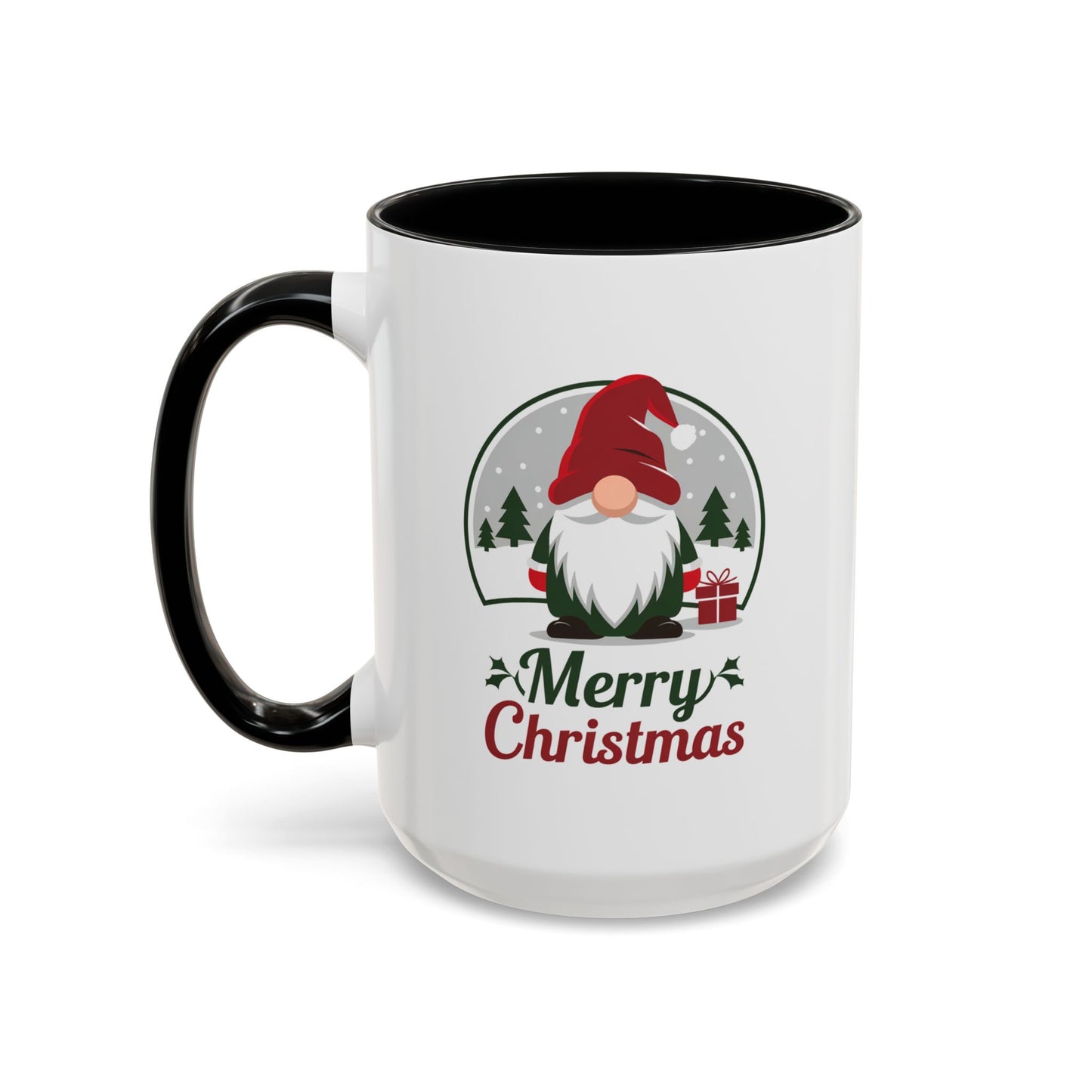 Christmas Mug - Merry Christmas Green & Red Text Gnome Present Trees
