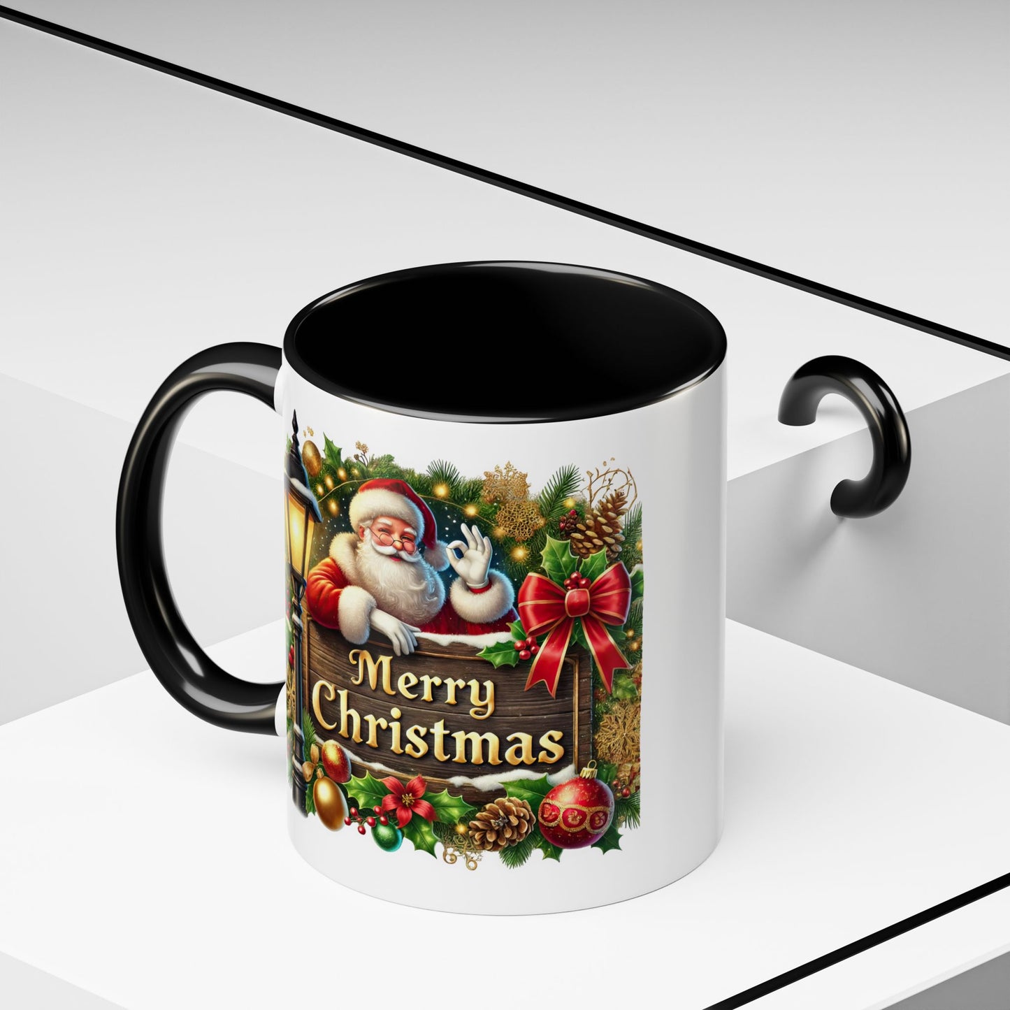 Christmas Mug - Merry Christmas Cream Text Santa Ok Light Bow Ornaments