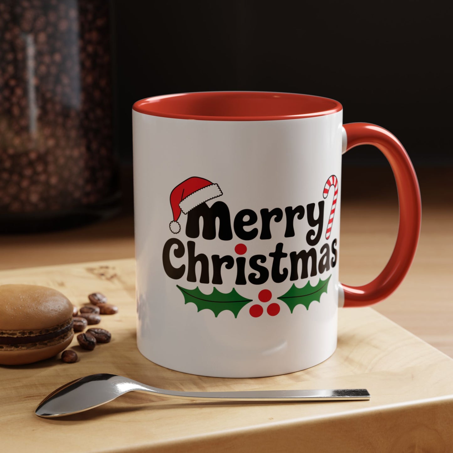 Christmas Mug - Merry Christmas Black Text Hat Candy Cane Mistletoe
