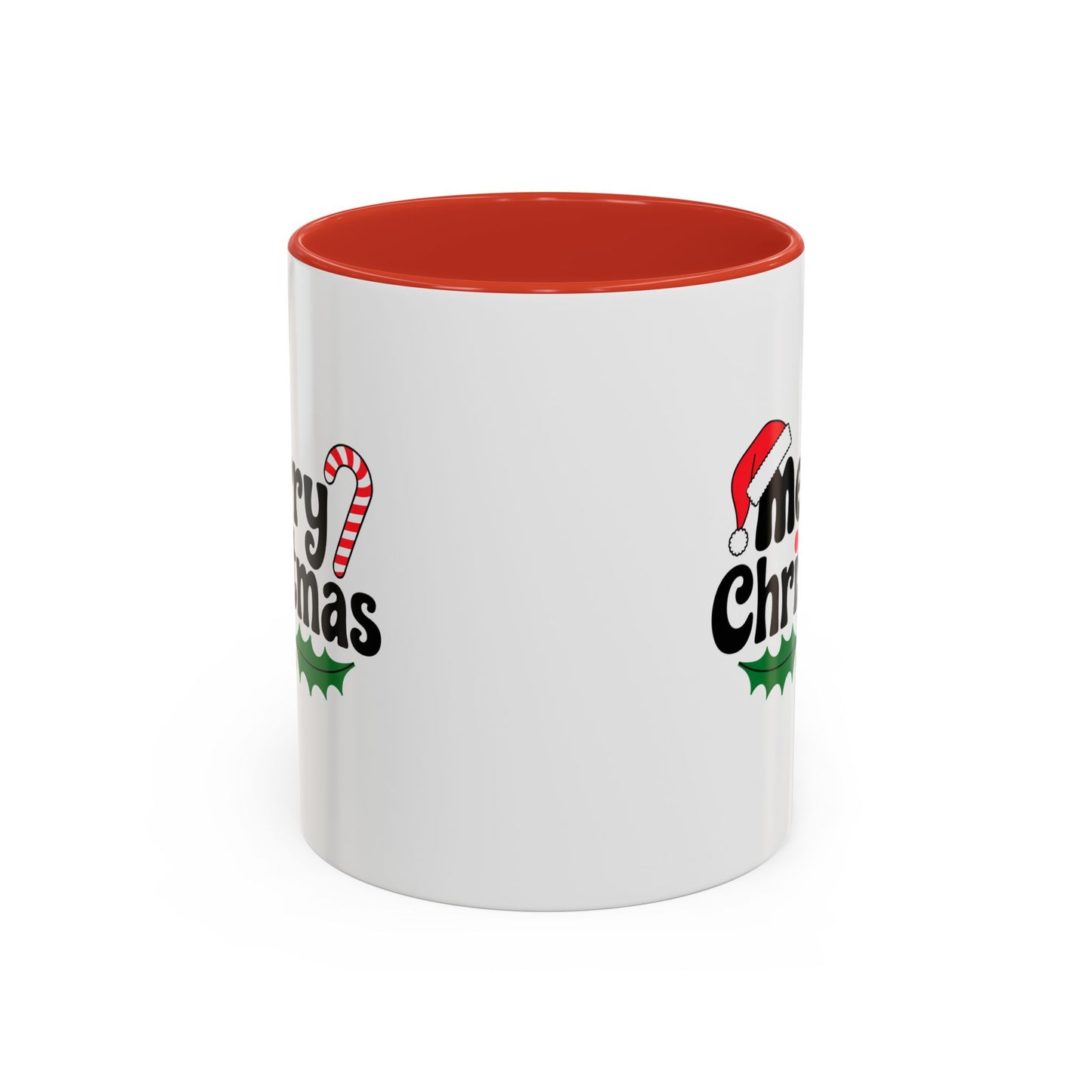 Christmas Mug - Merry Christmas Black Text Hat Cane Misletoe