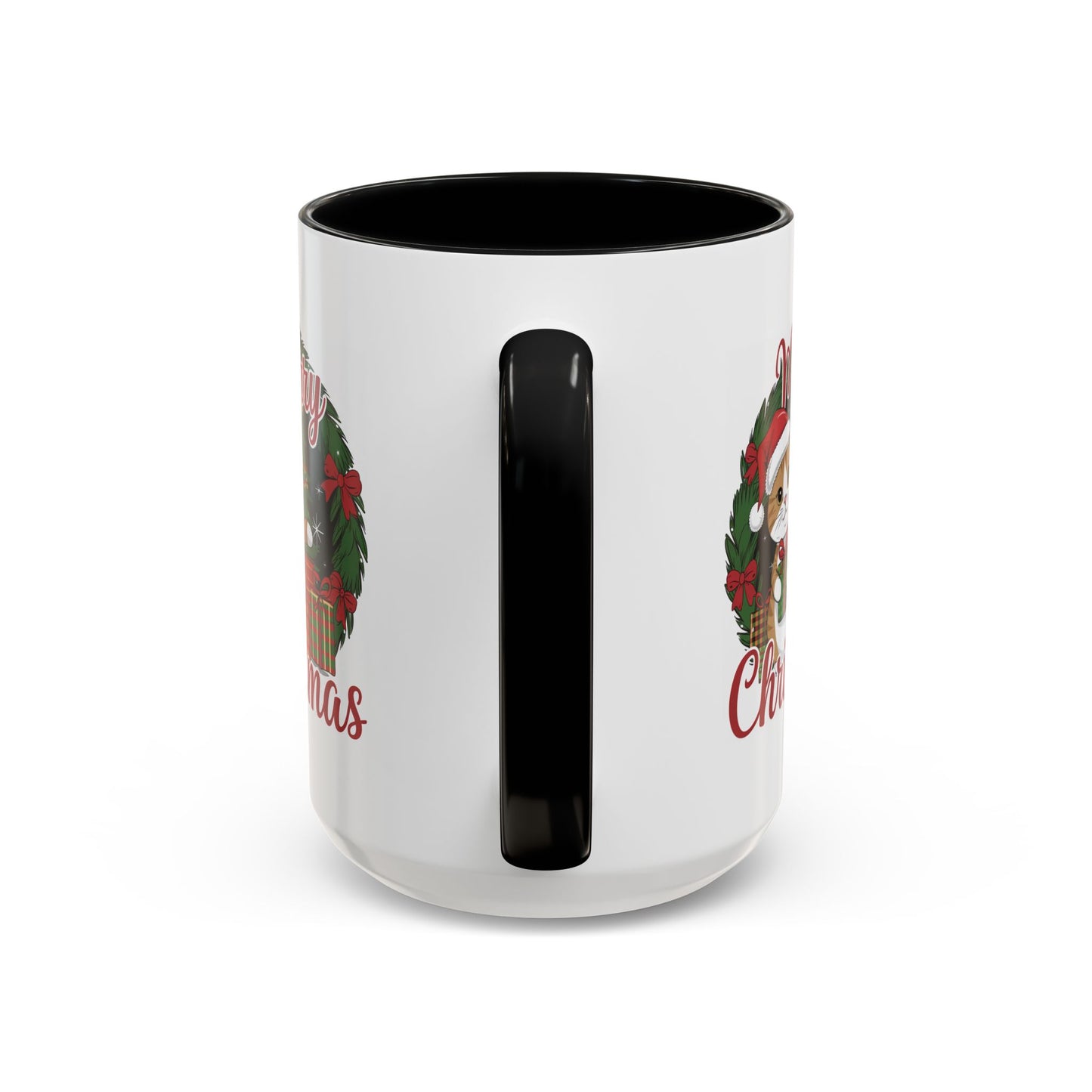 Christmas Mug - Merry Christmas Red Text Cat Presents Wreath