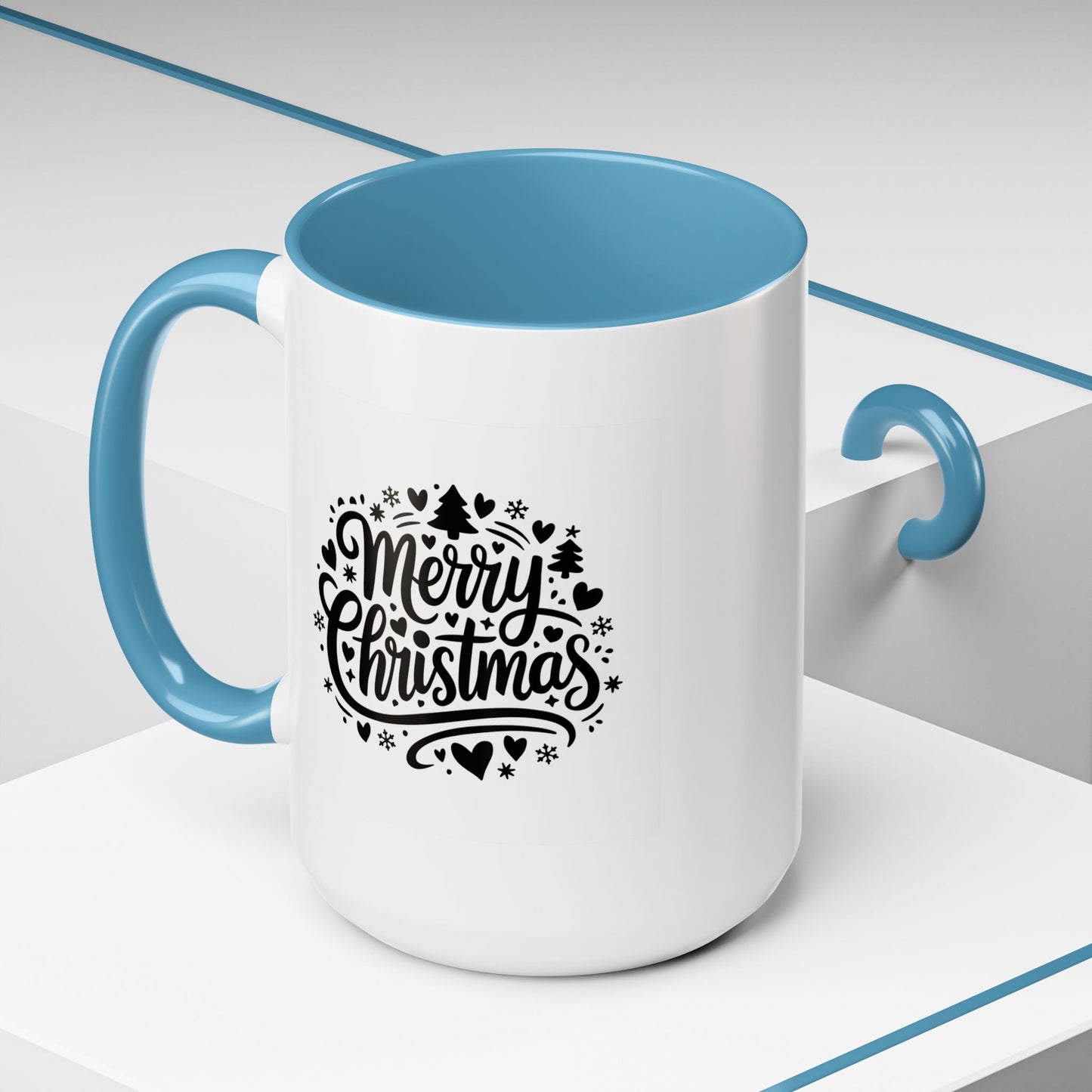 Christmas Mug - Merry Christmas Black Text Trees Snowflakes Hearts