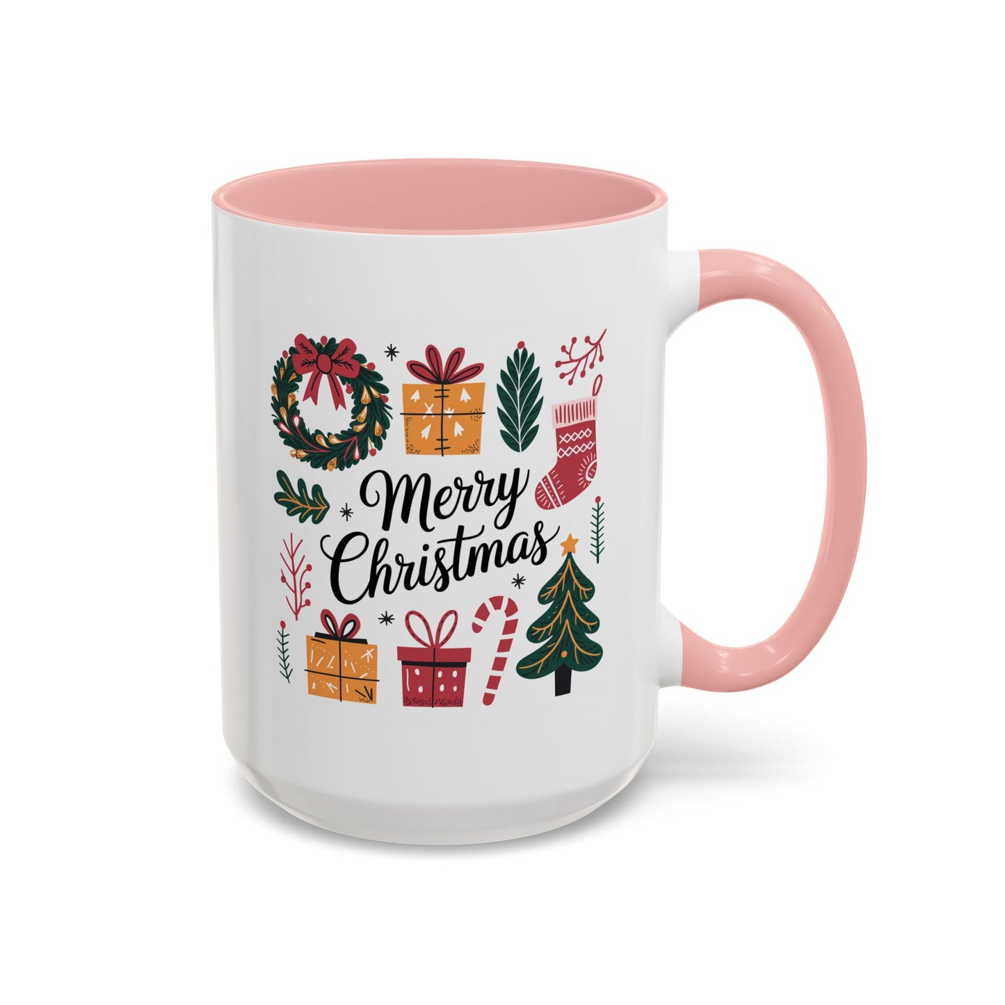 Christmas Mug - Merry Christmas Green Text Presents Tree Candy Cane