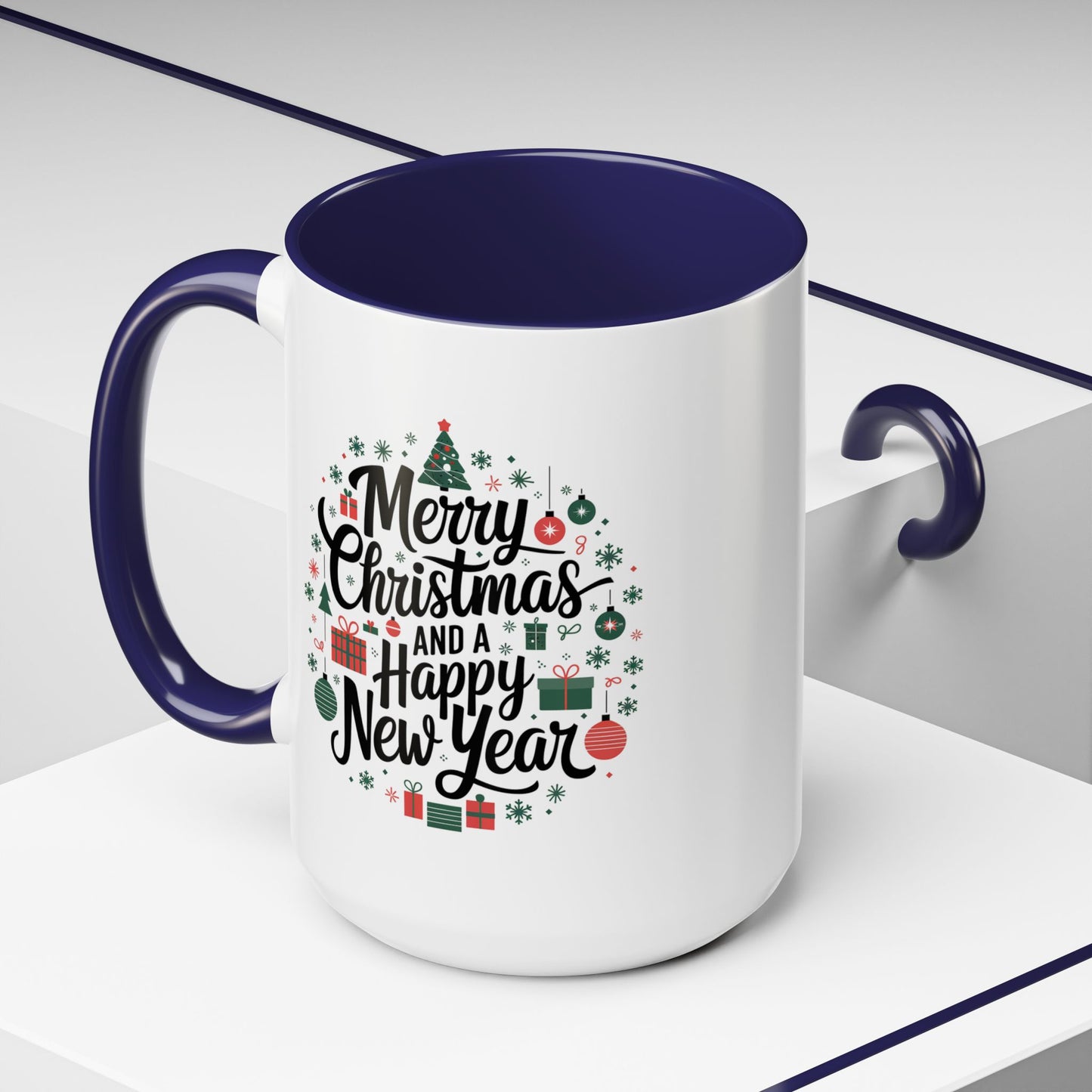 Christmas Mug - Merry Christmas and a Happy New Year Black Text Tree Ornaments Presents