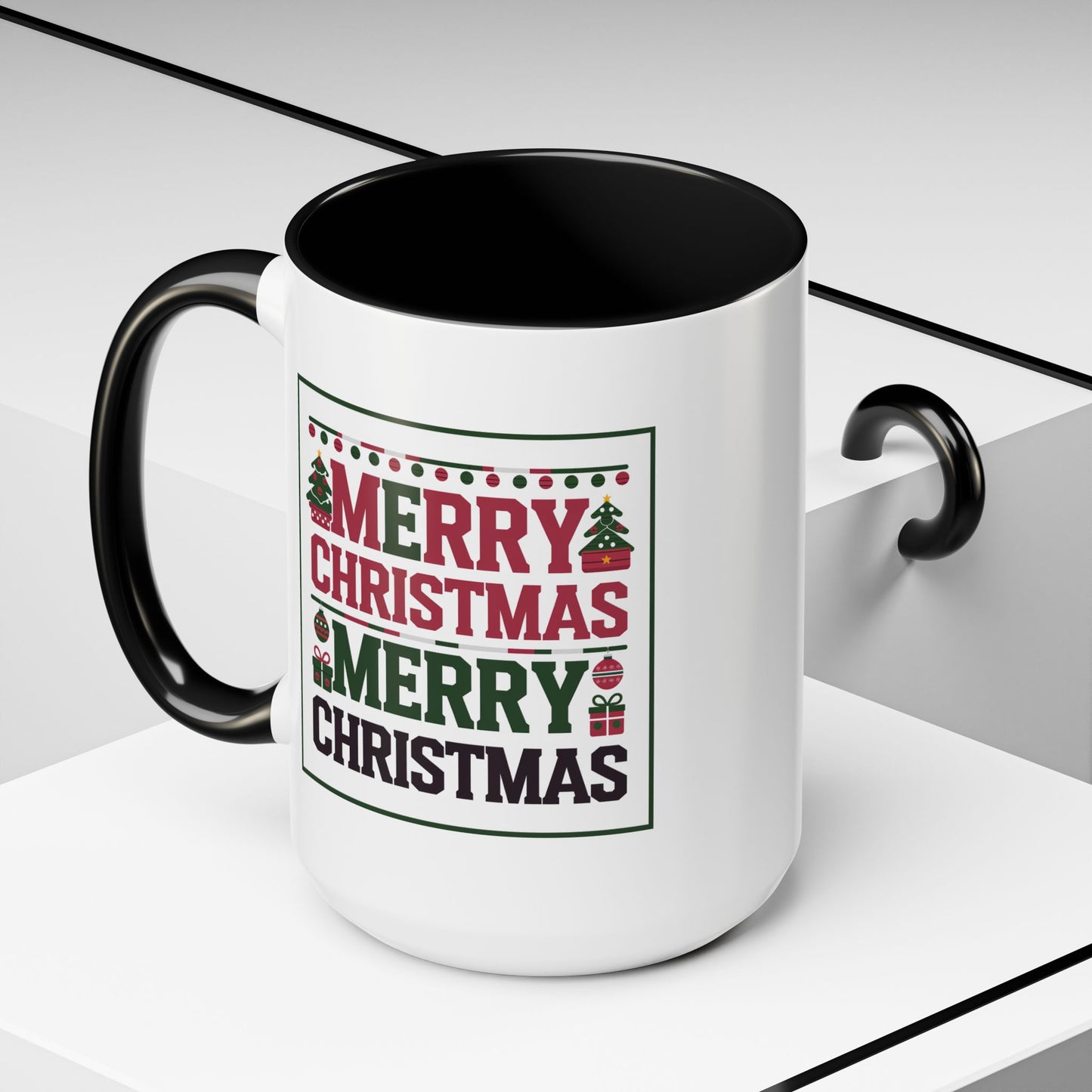 Christmas Mug - Merry Christmas Red Green & Black Text Trees Presents