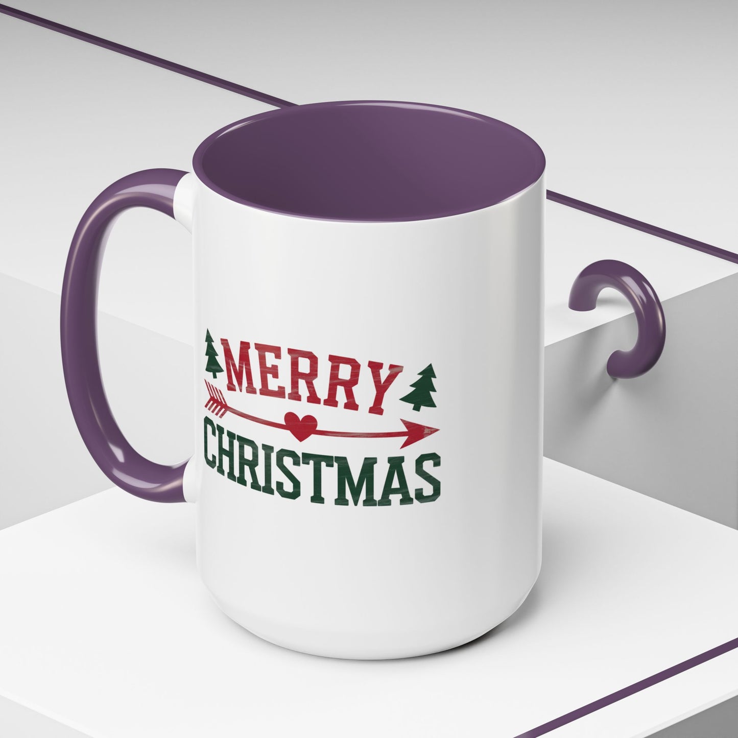 Christmas Mug - Merry Christmas Red & Green Text Heart Arrow Trees