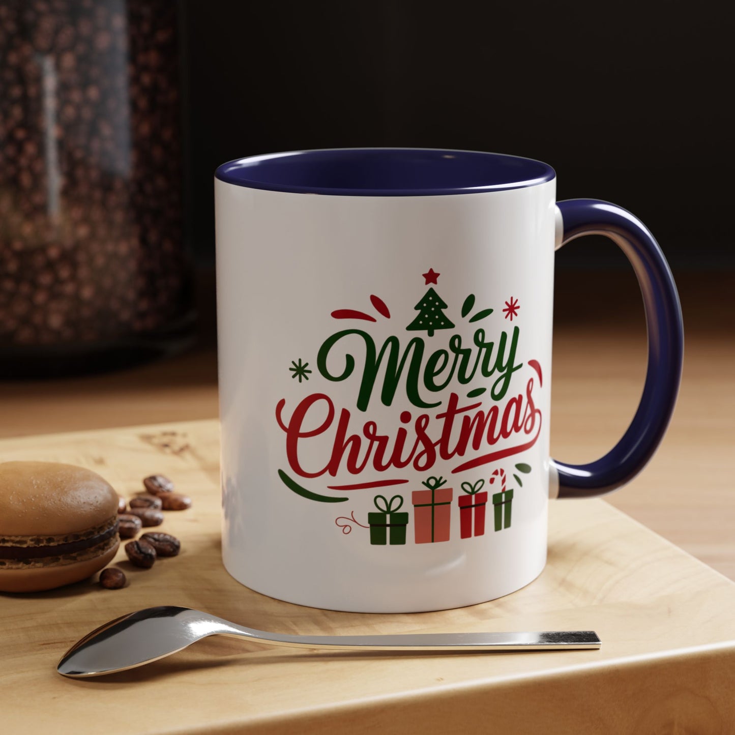 Christmas Mug - Merry Christmas Green & Red Text Tree Snowflakes Presents