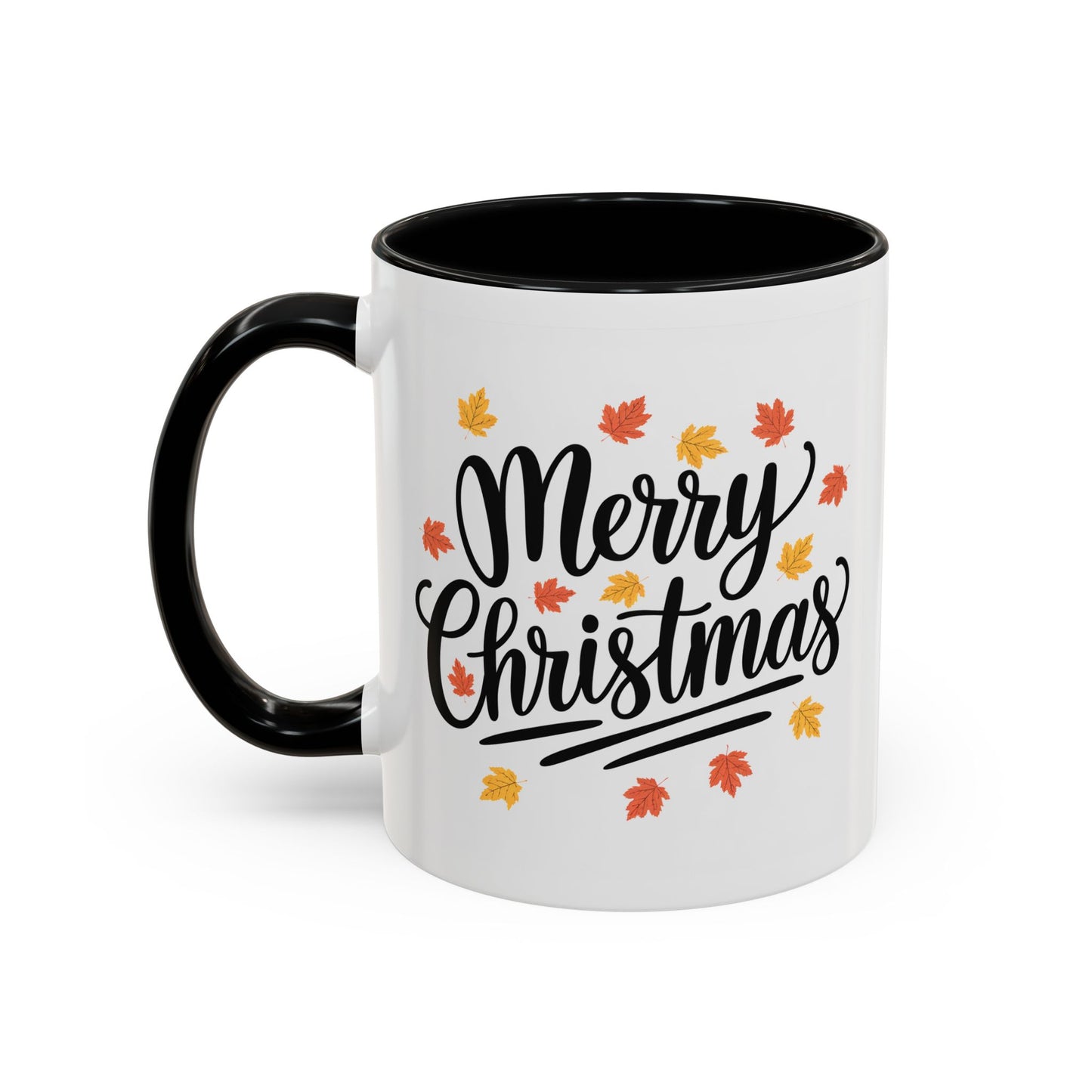 Christmas Mug - Merry Christmas Black Text Fall Leaves