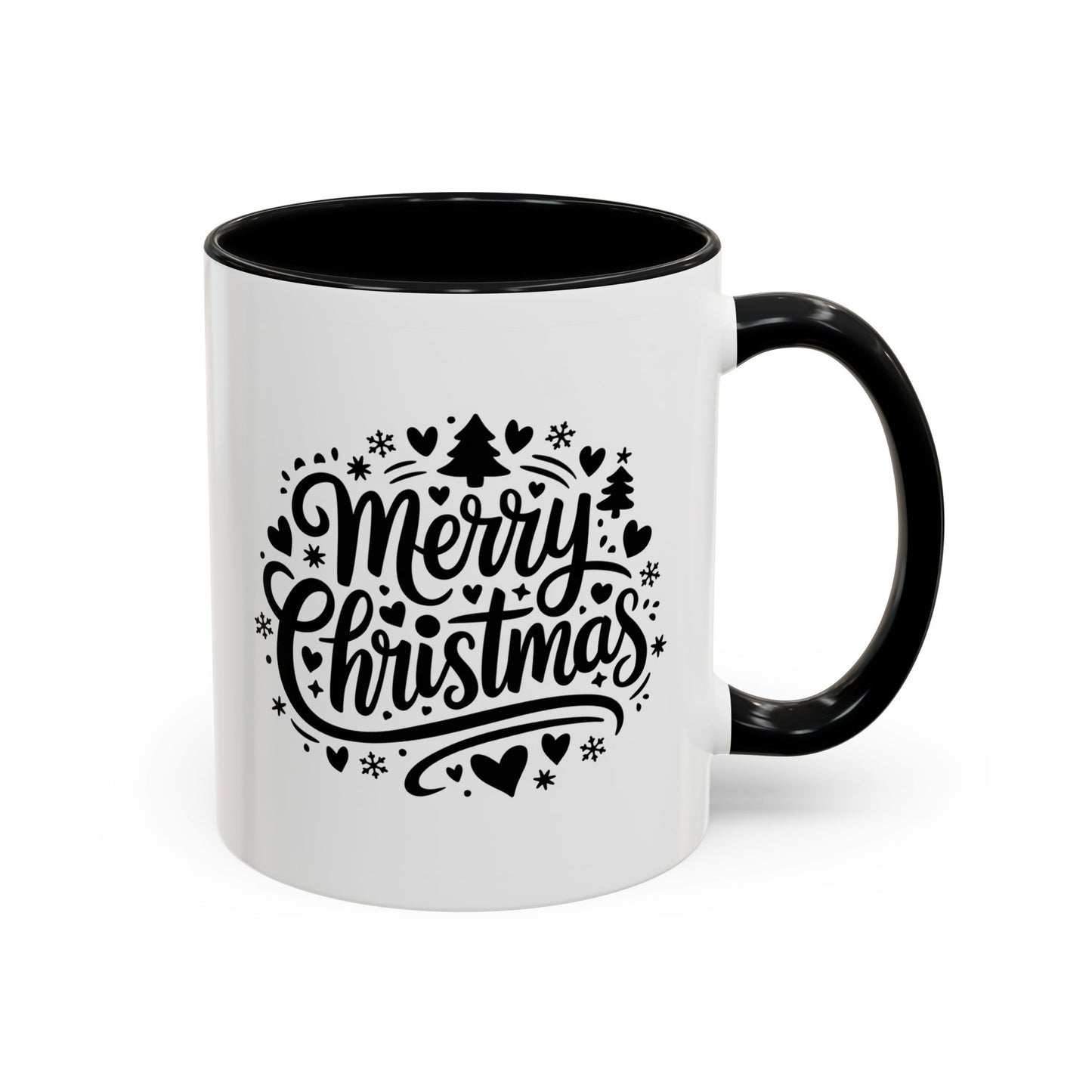Christmas Mug - Merry Christmas Black Text Trees Snowflakes Hearts