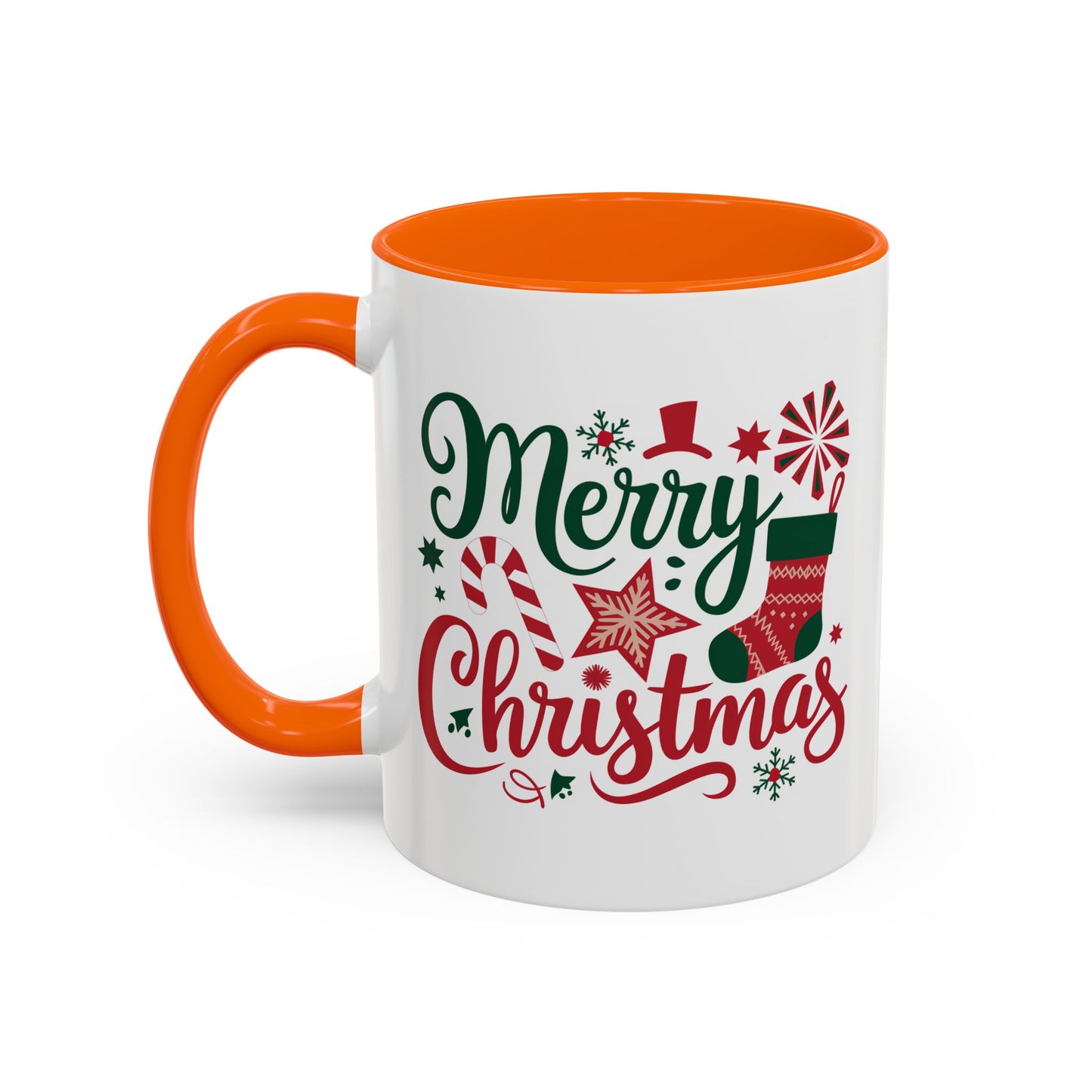 Christmas Mug - Merry Christmas Green & Red Text Star Candy Cane Stocking Snowflake
