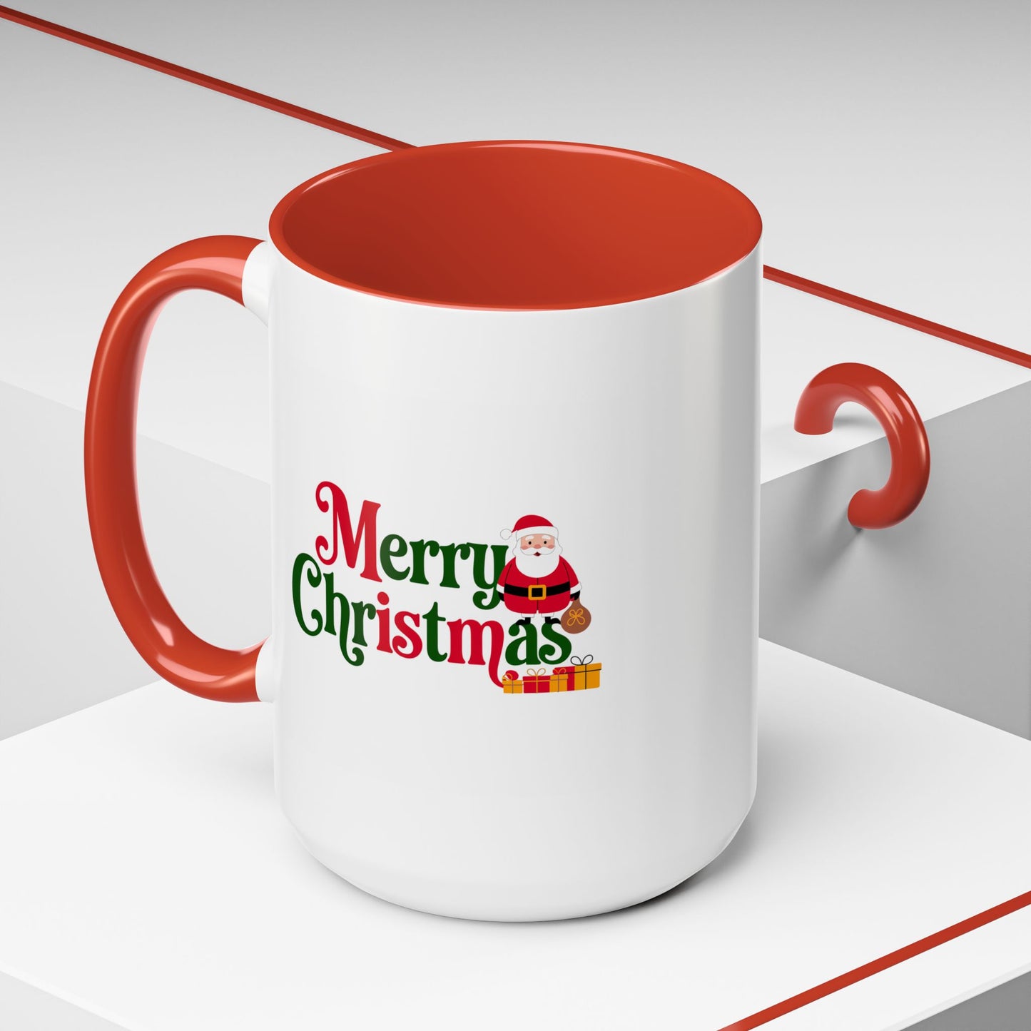 Christmas Mug - Merry Christmas Green & Red Text Santa Presents