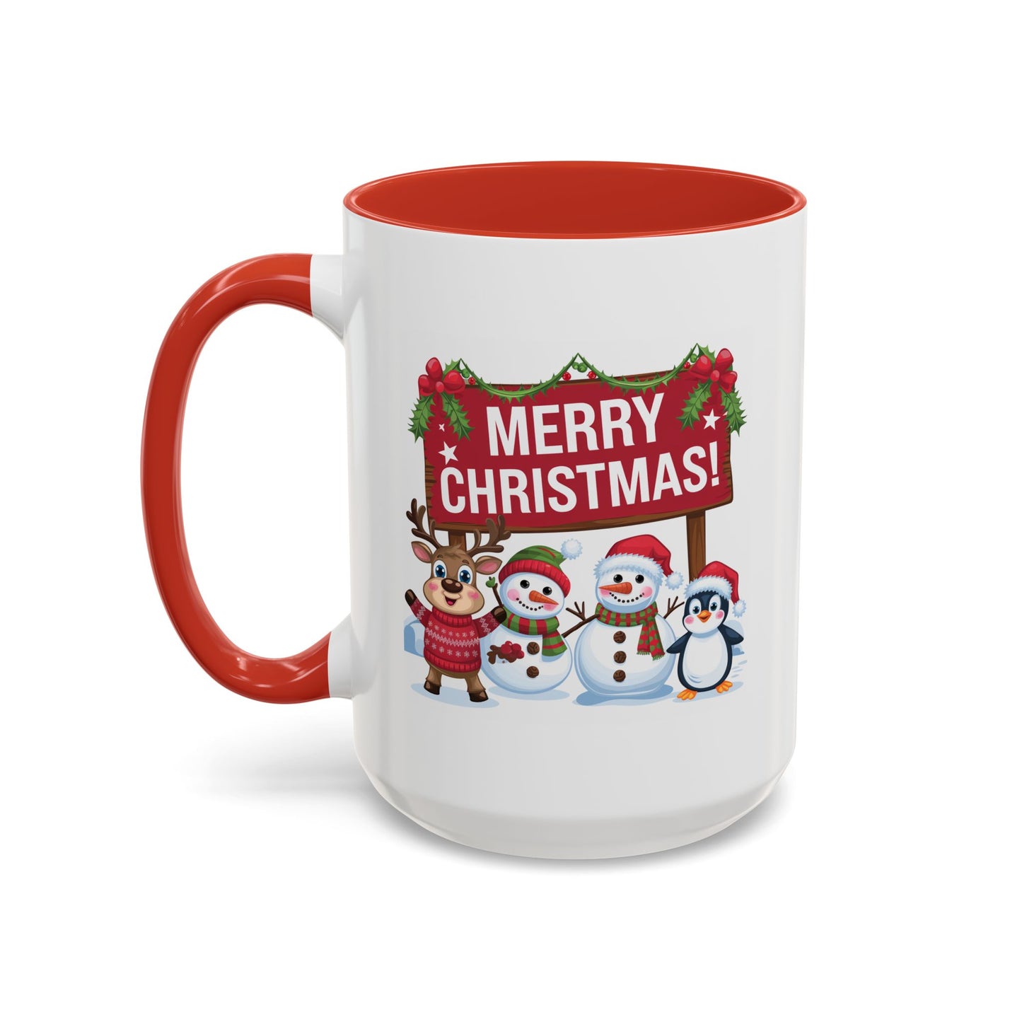 Christmas Mug - Merry Christmas White Text Reindeer Snowmen Penguin