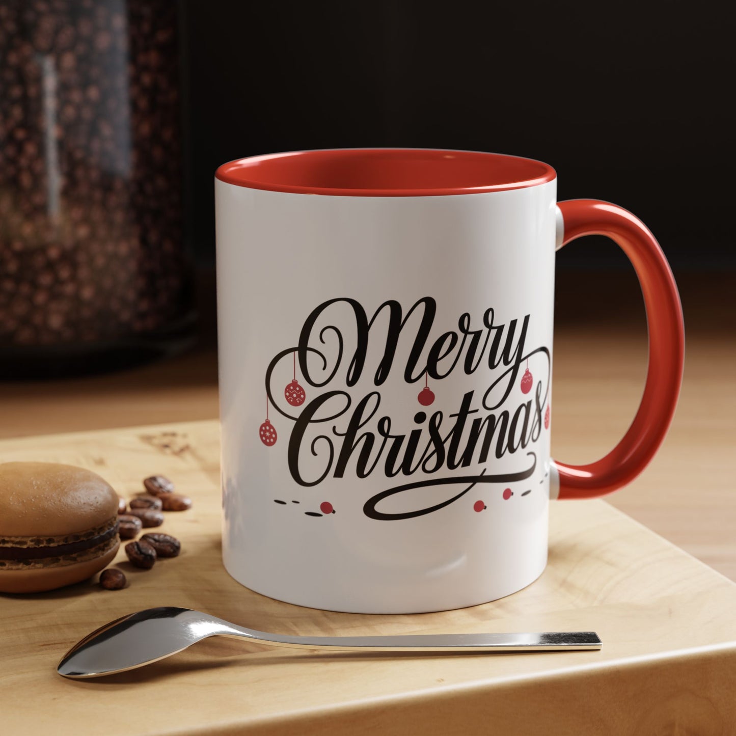 Christmas Mug - Merry Christmas Black Text Red Ornaments