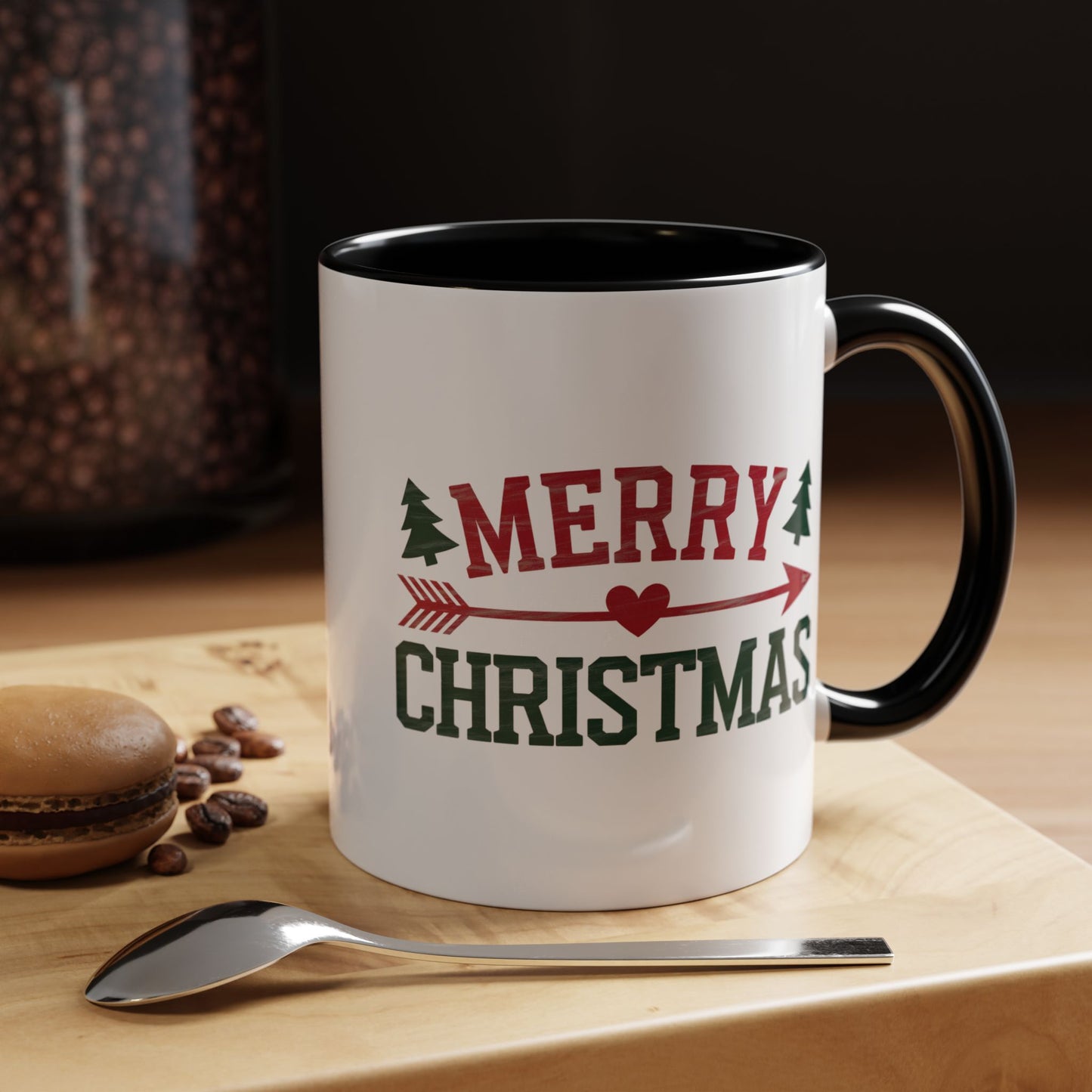 Christmas Mug - Merry Christmas Red & Green Text Heart Arrow Trees