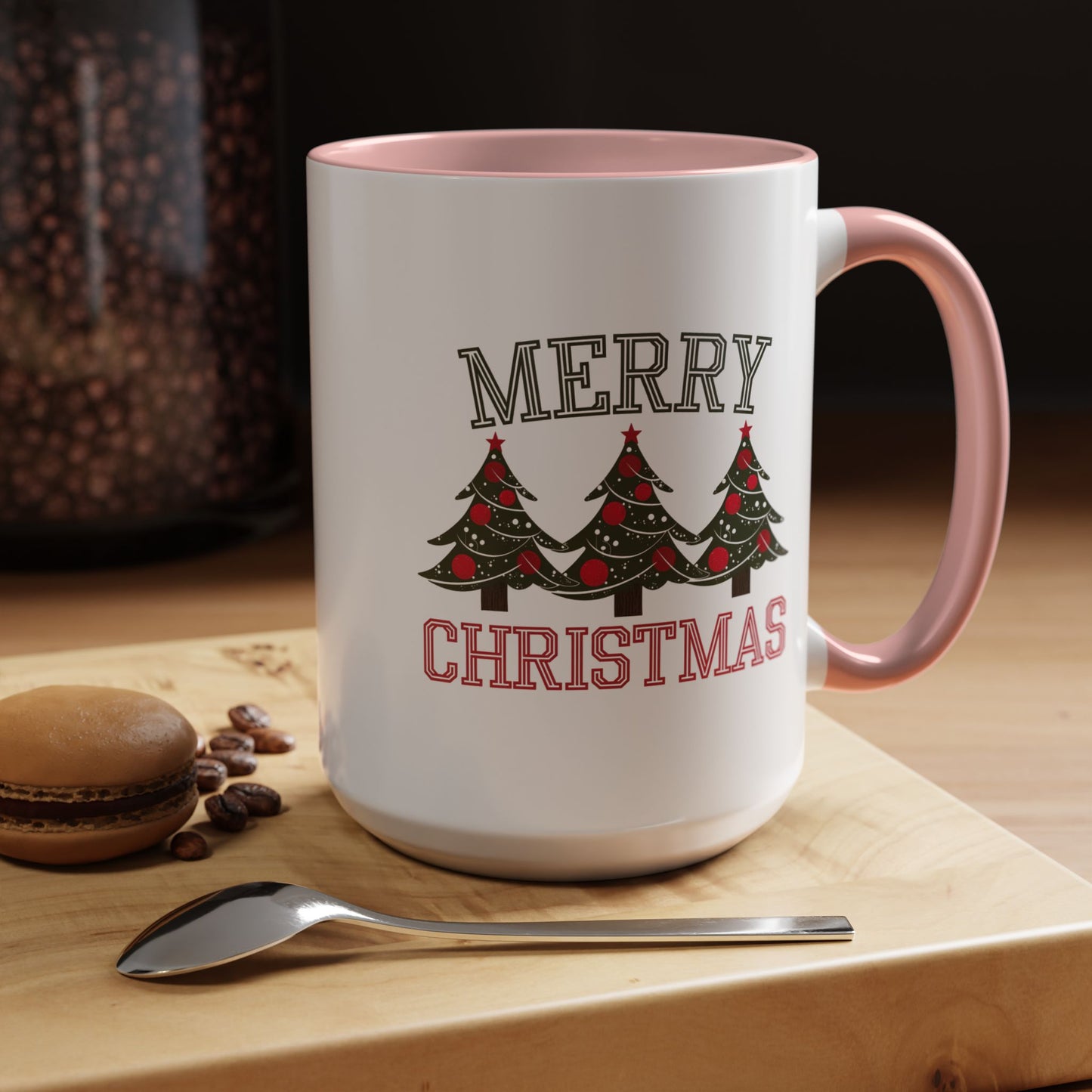 Christmas Mug - Merry Christmas Green & Red Text Decorative Trees