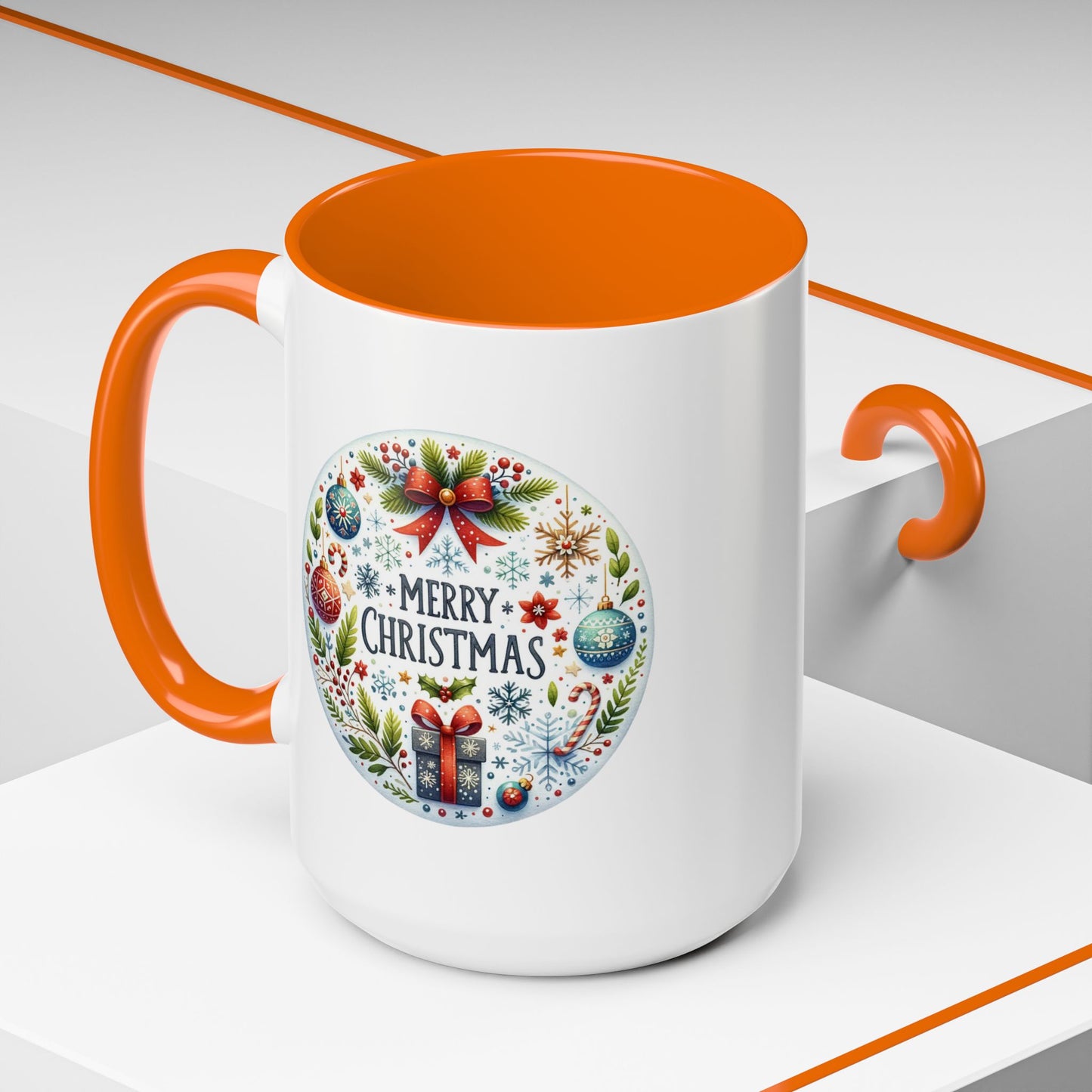 Christmas Mug - Merry Christmas Blue Text Bow Present Ornaments