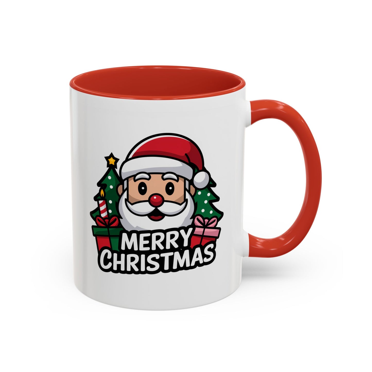 Christmas Mug - Merry Christmas White & Black Text Santa Trees Presents