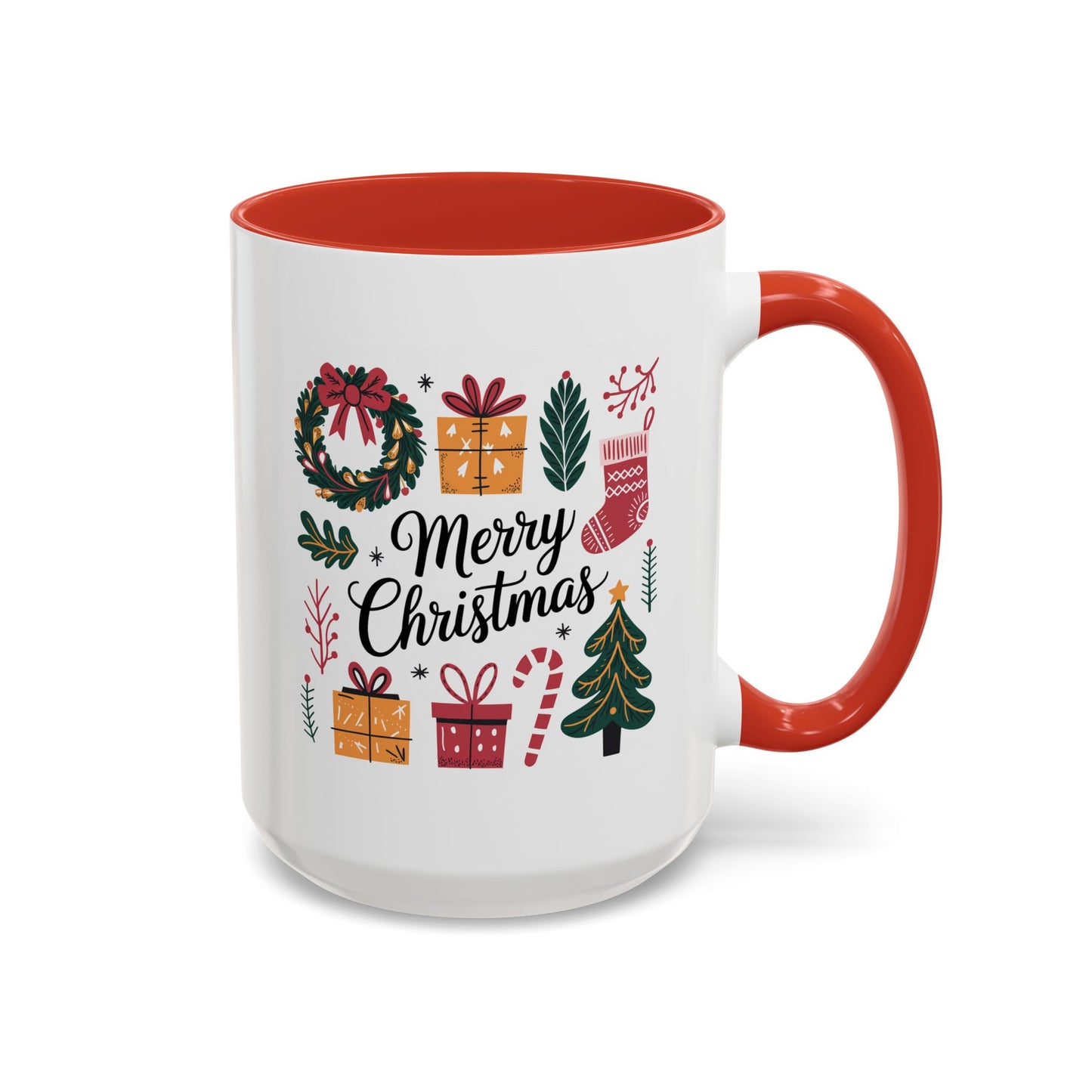Christmas Mug - Merry Christmas Green Text Presents Tree Candy Cane