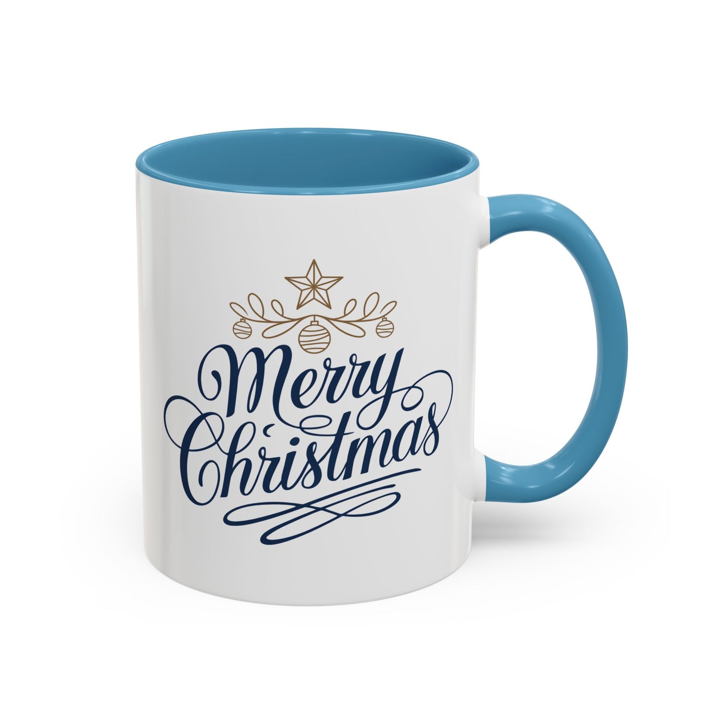 Christmas Mug - Merry Christmas Blue Text Gold Ornaments