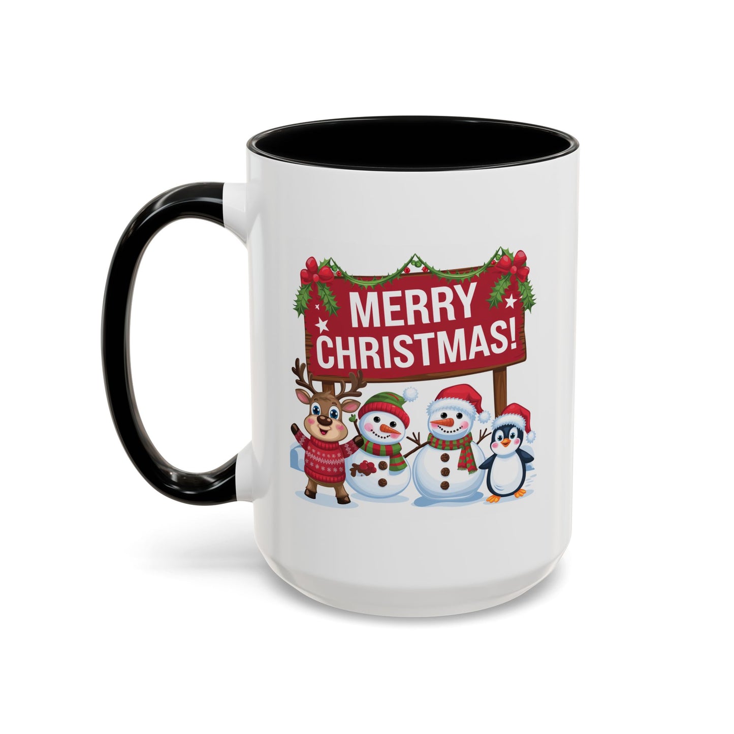 Christmas Mug - Merry Christmas White Text Reindeer Snowmen Penguin