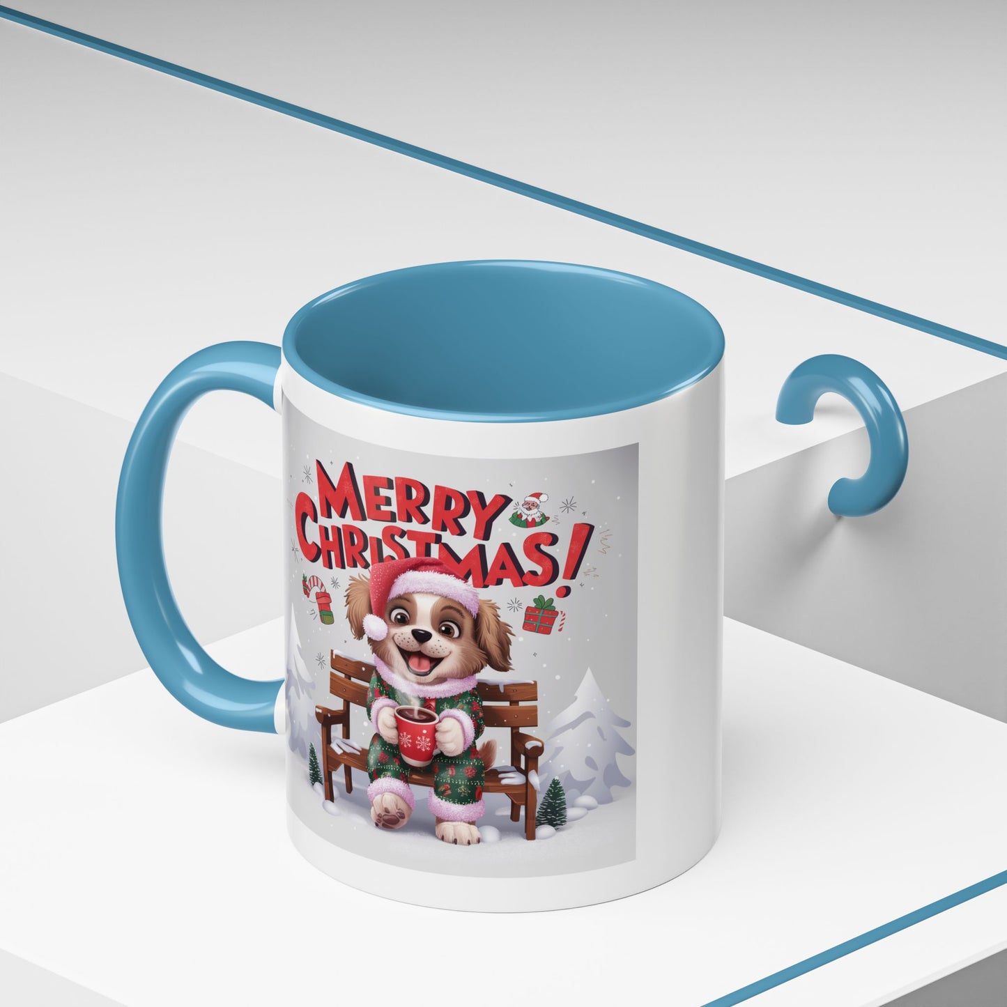 Christmas Mug - Merry Christmas Red Text Puppy Green & Red Top