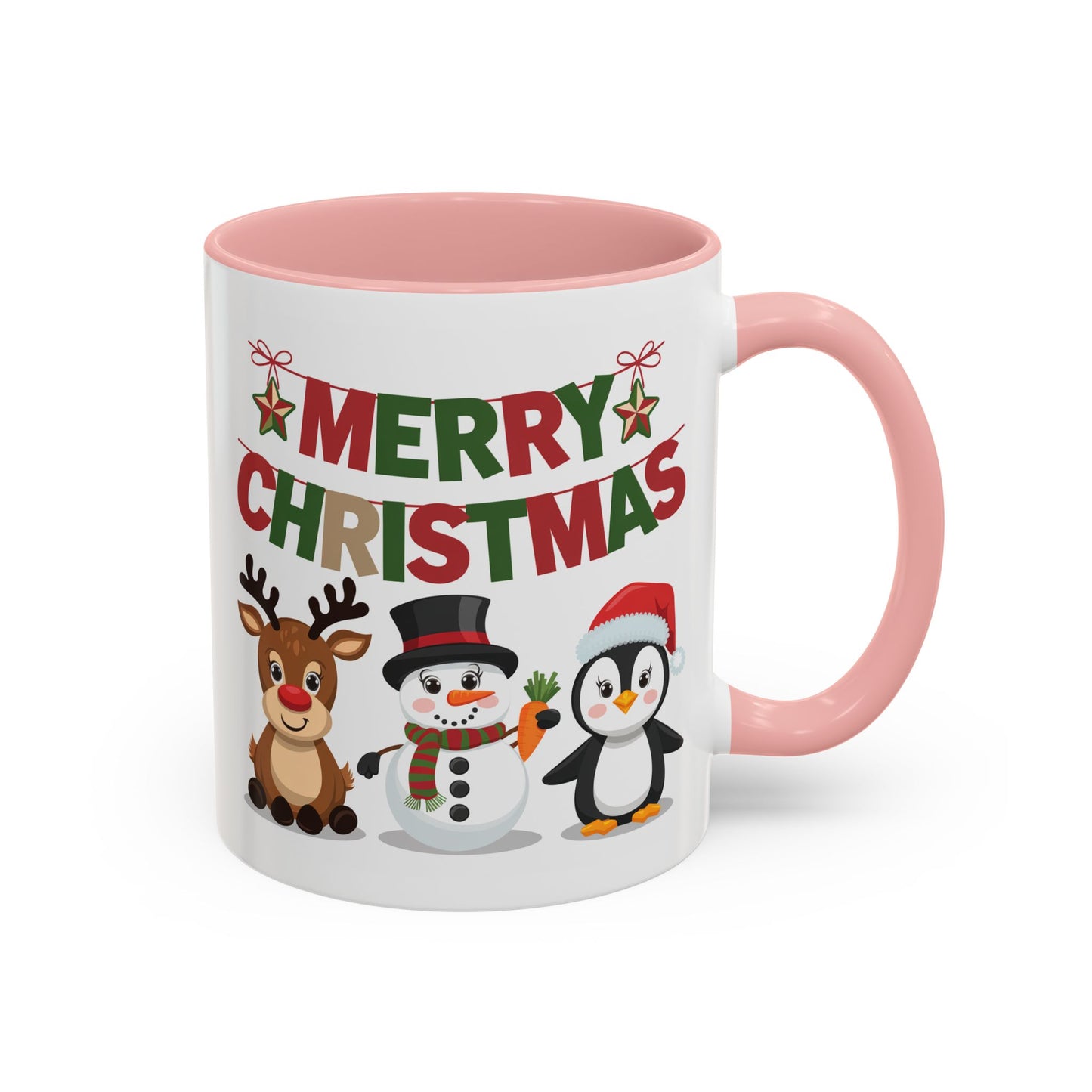 Christmas Mug - Red Green & Gold Text Reindeer Snowman Penguin
