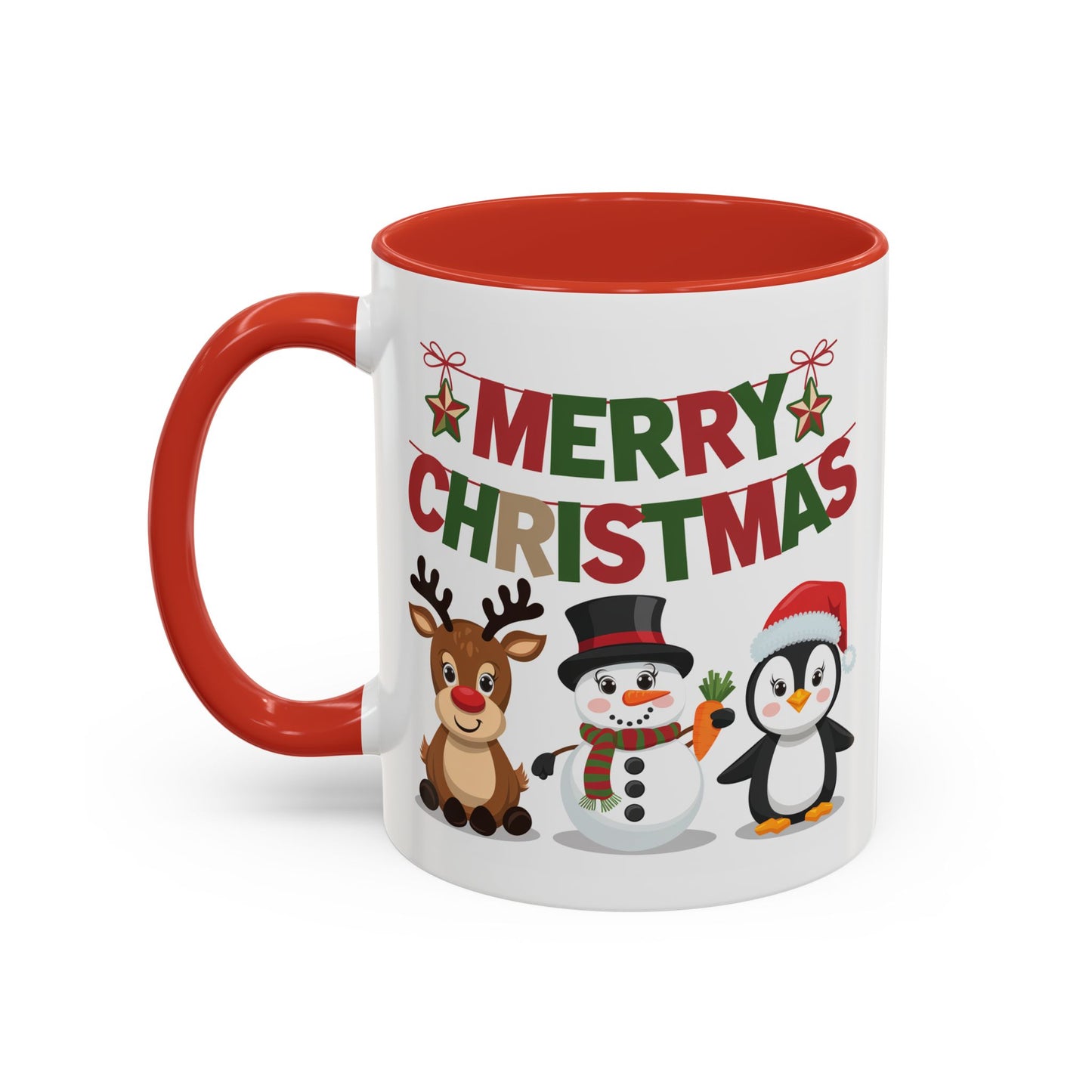 Christmas Mug - Red Green & Gold Text Reindeer Snowman Penguin
