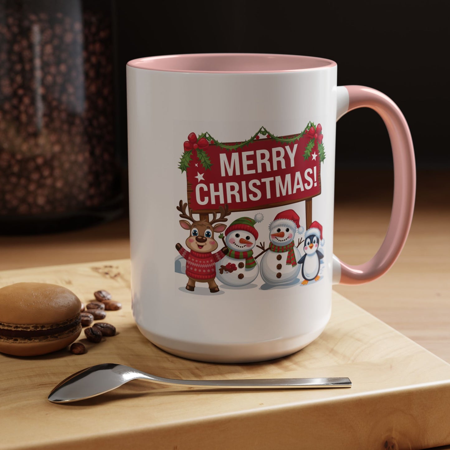 Christmas Mug - Merry Christmas White Text Reindeer Snowmen Penguin
