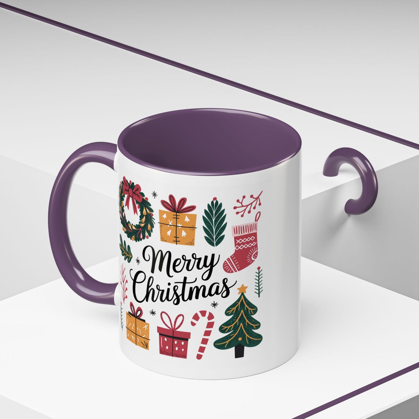 Christmas Mug - Merry Christmas Green Text Presents Tree Candy Cane