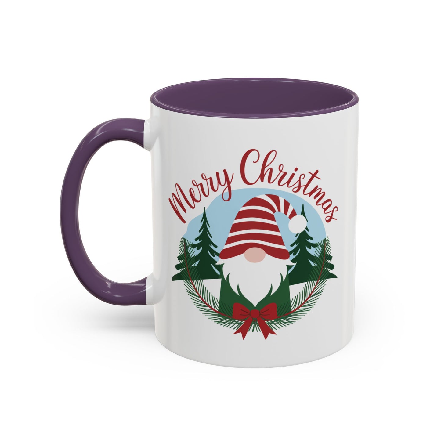 Christmas Mug - Merry Christmas Red Text Gnome Bow Tree