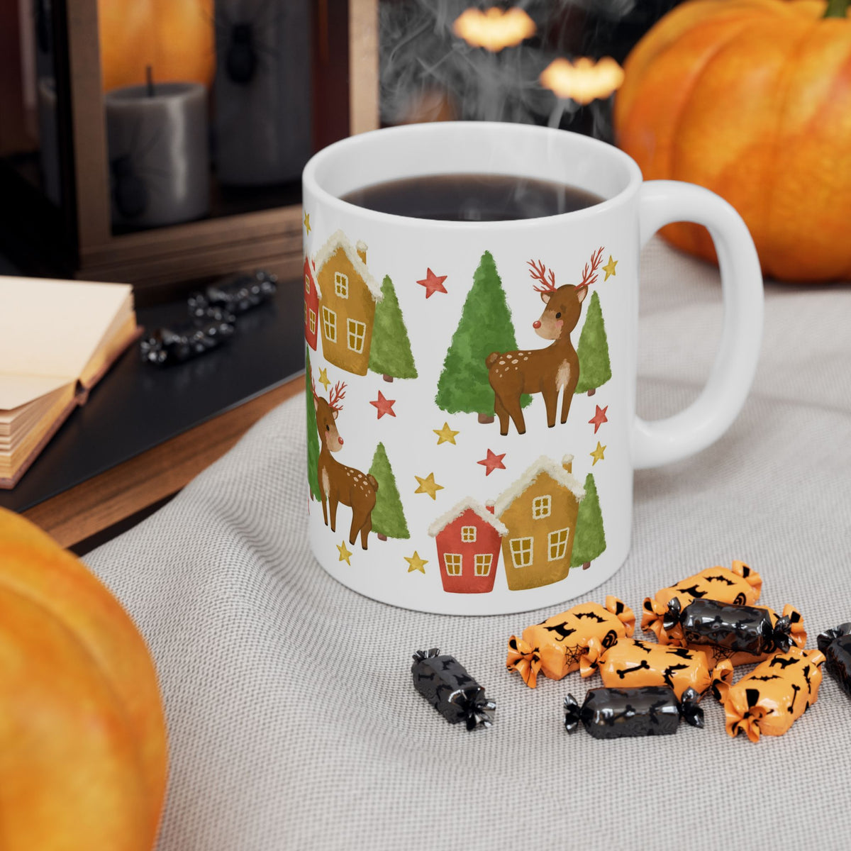 Chistmas Mug -  Reindeer Trees and House Wrap