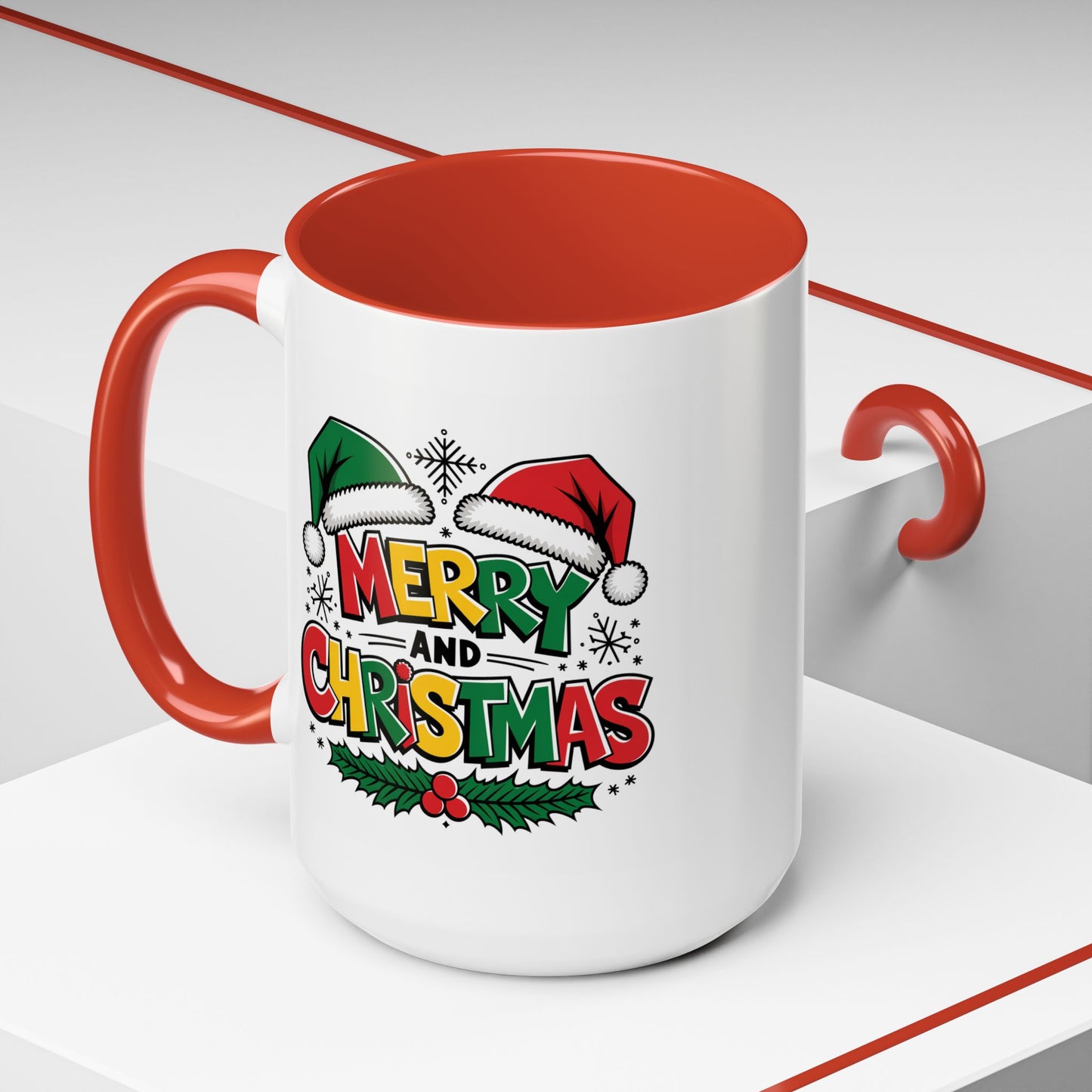 Christmas Mug - Merry Christmas Red Yellow & Green Text Green & Red Hat