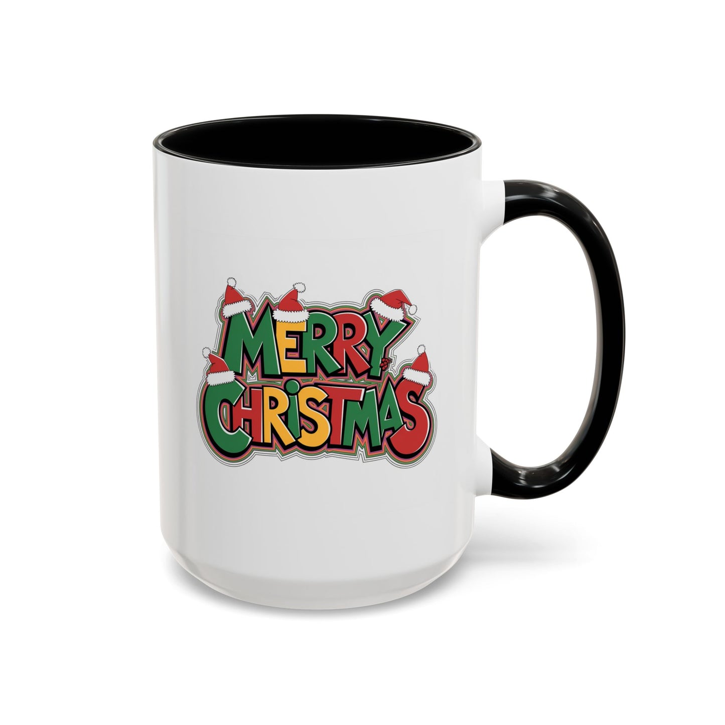 Christmas Mug - Merry Christmas Green Yellow & Red Text Hats
