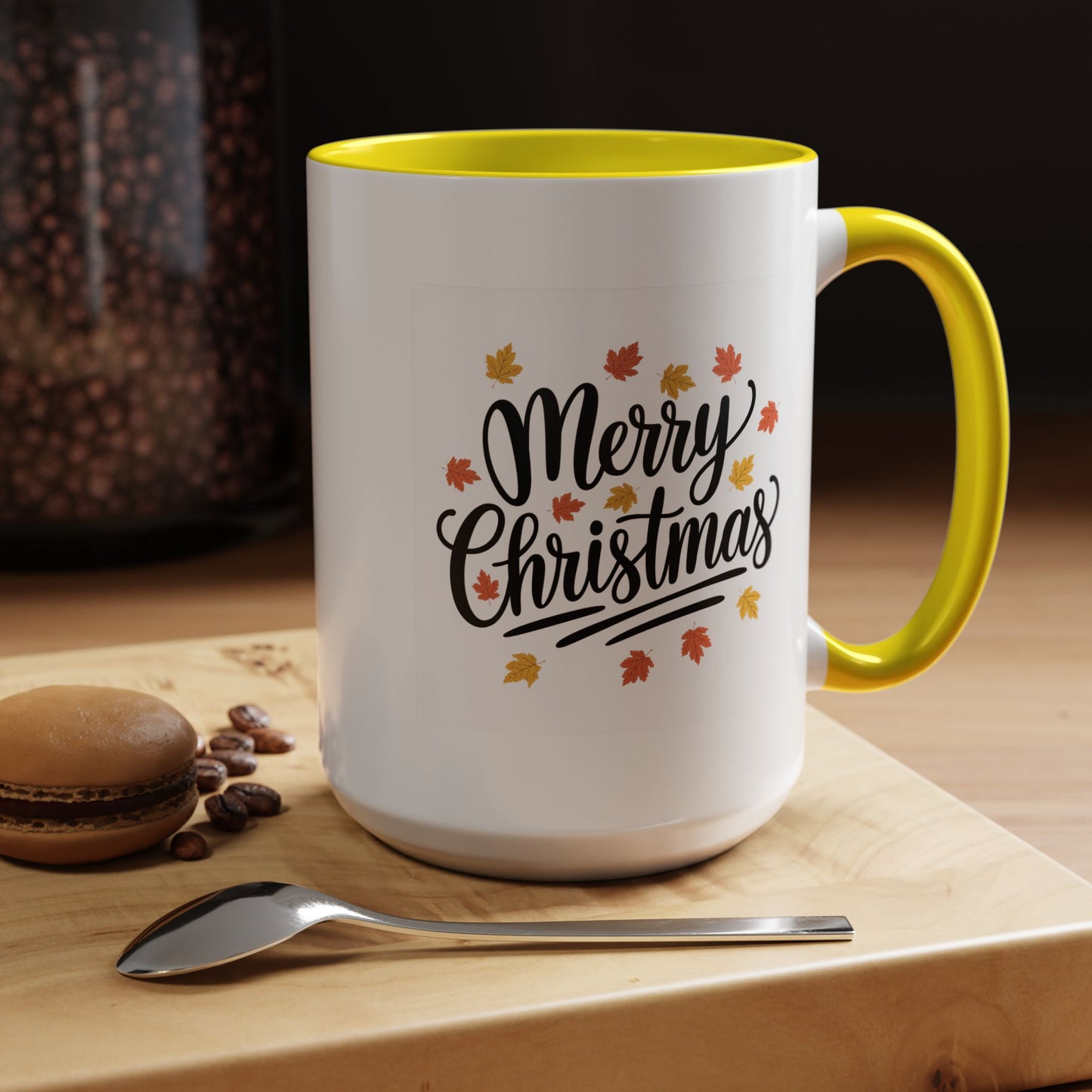Christmas Mug - Merry Christmas Black Text Fall Leaves