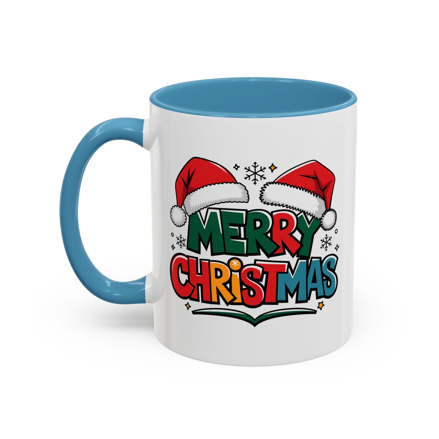 Christmas Mug - Merry Christmas Green Red Yellow and Blue Text Red Hats