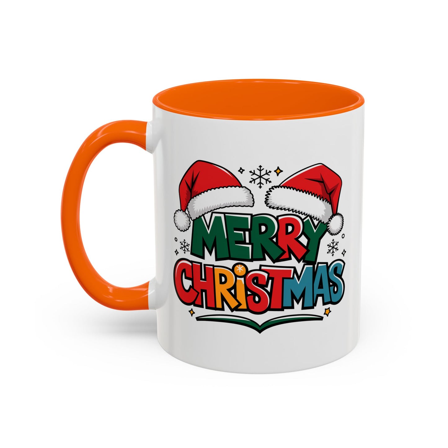 Christmas Mug - Merry Christmas Green Red Yellow and Blue Text Red Hats