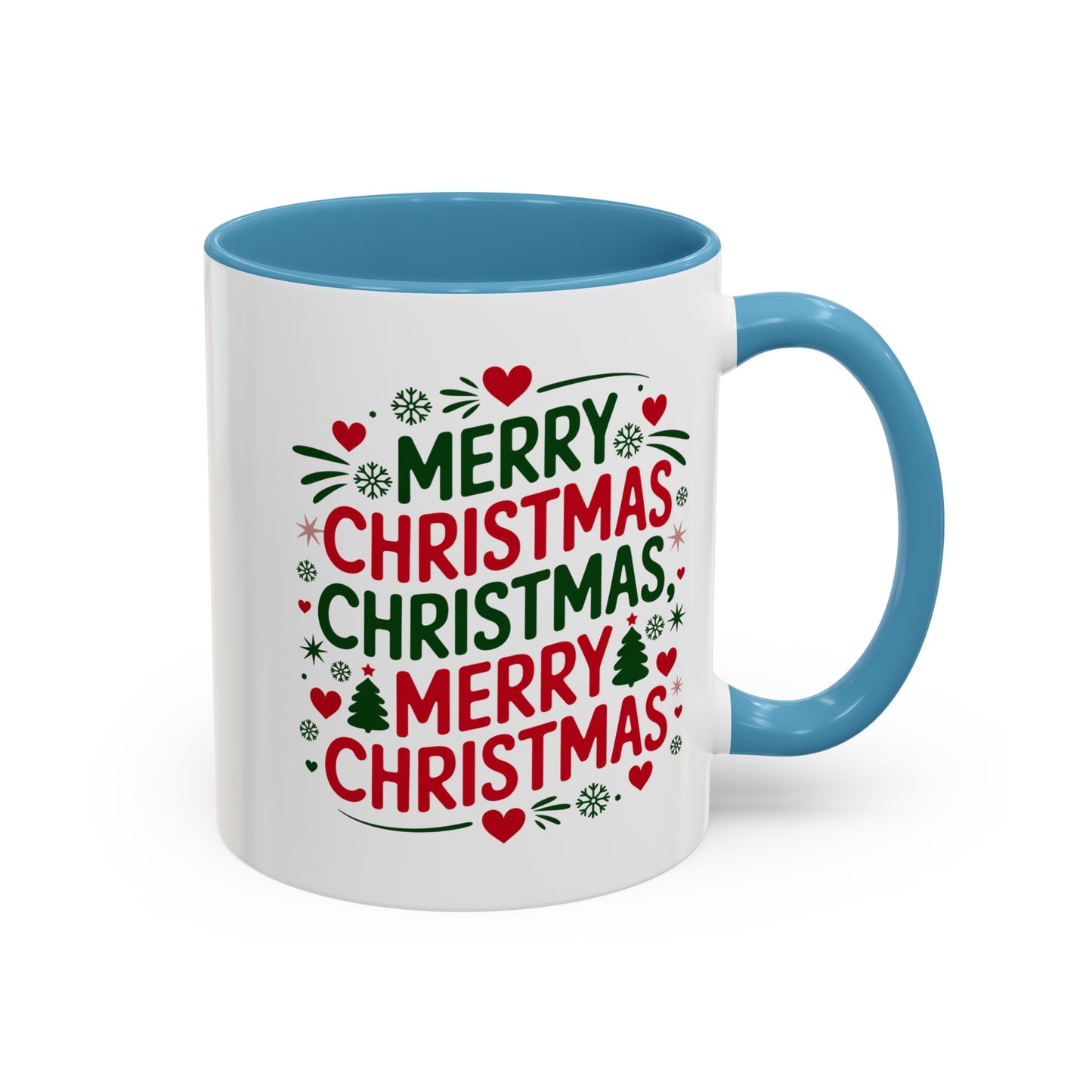 Christmas Mug - Merry Christmas Green & Red Text Trees Hearts Snowflakes Stars