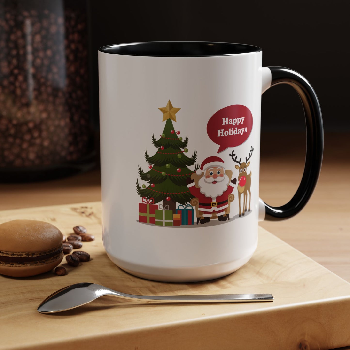 Christmas Mug - Happy Holidays Callout Santa Tree Presents Reindeer