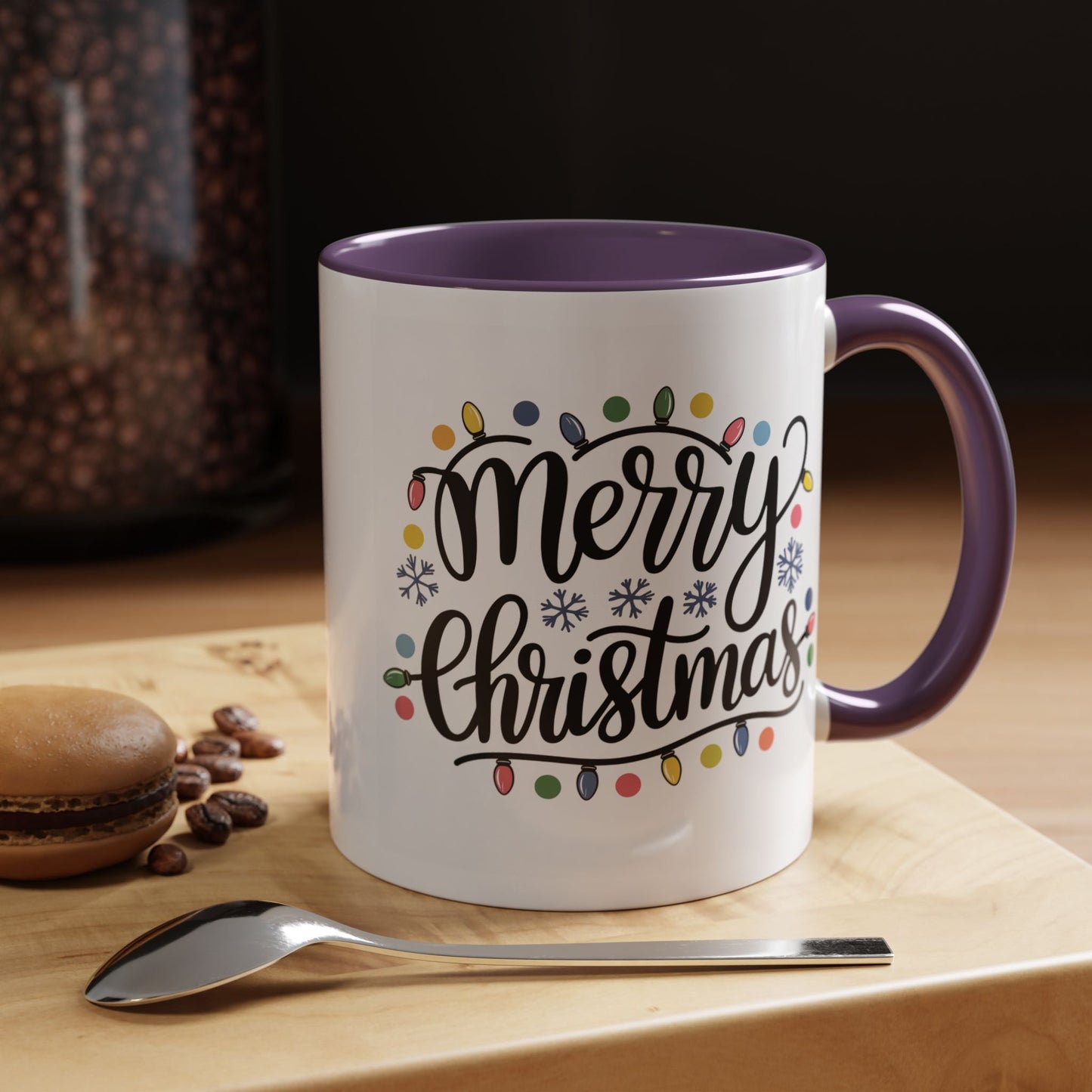 Christmas Mug - Merry Christmas Black Text Colored Lights