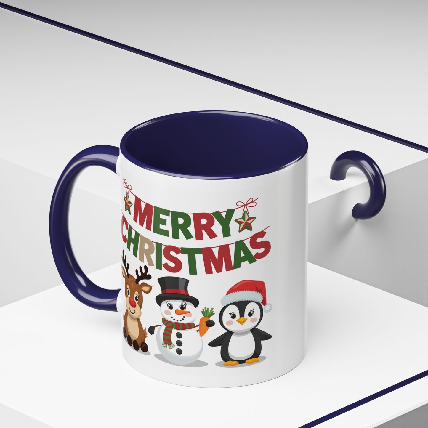 Christmas Mug - Red Green & Gold Text Reindeer Snowman Penguin