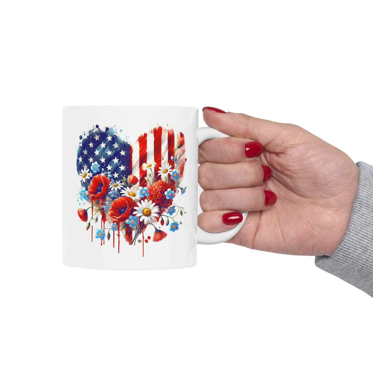 4th of July Mug - Patriotic USA Flowers Heart