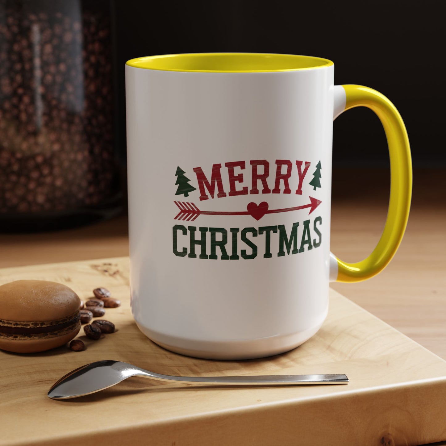 Christmas Mug - Merry Christmas Red & Green Text Heart Arrow Trees